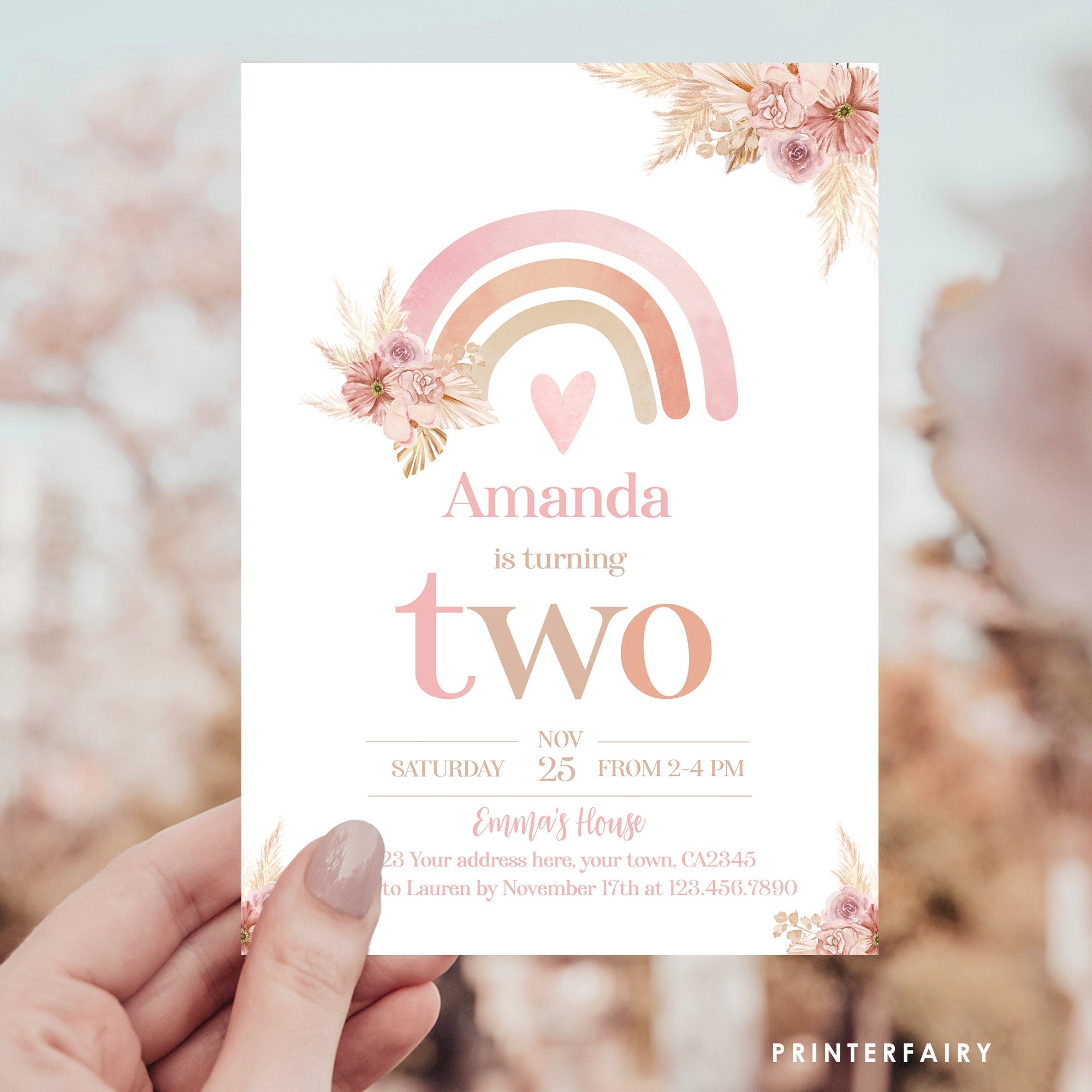 Boho Rainbow 2nd Birthday Invitation, Pastel Watercolor (Editable in Corjl)