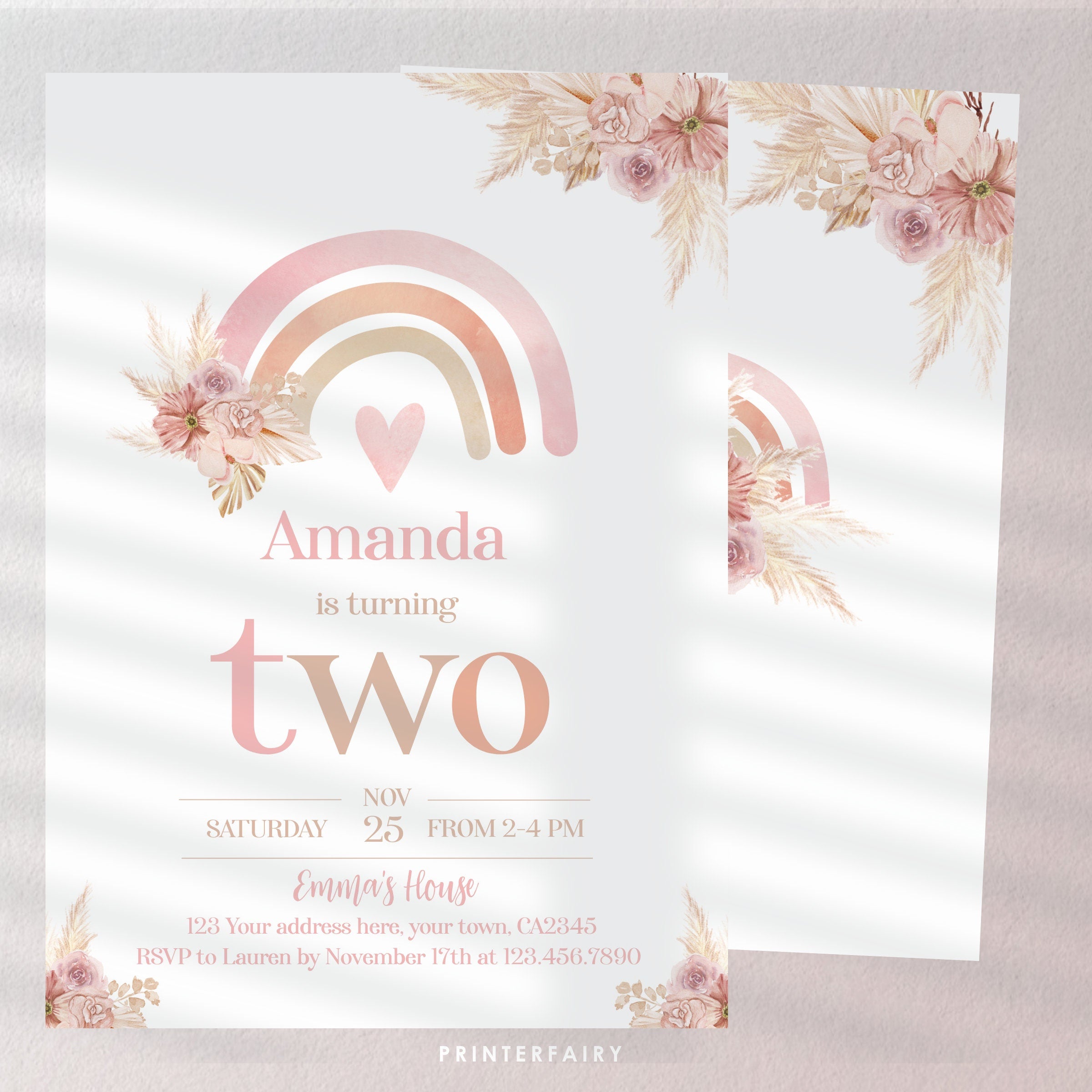 Boho Rainbow 2nd Birthday Invitation, Pastel Watercolor (Editable in Corjl)