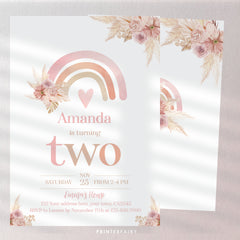 Boho Rainbow 2nd Birthday Invitation, Pastel Watercolor (Editable in Corjl)