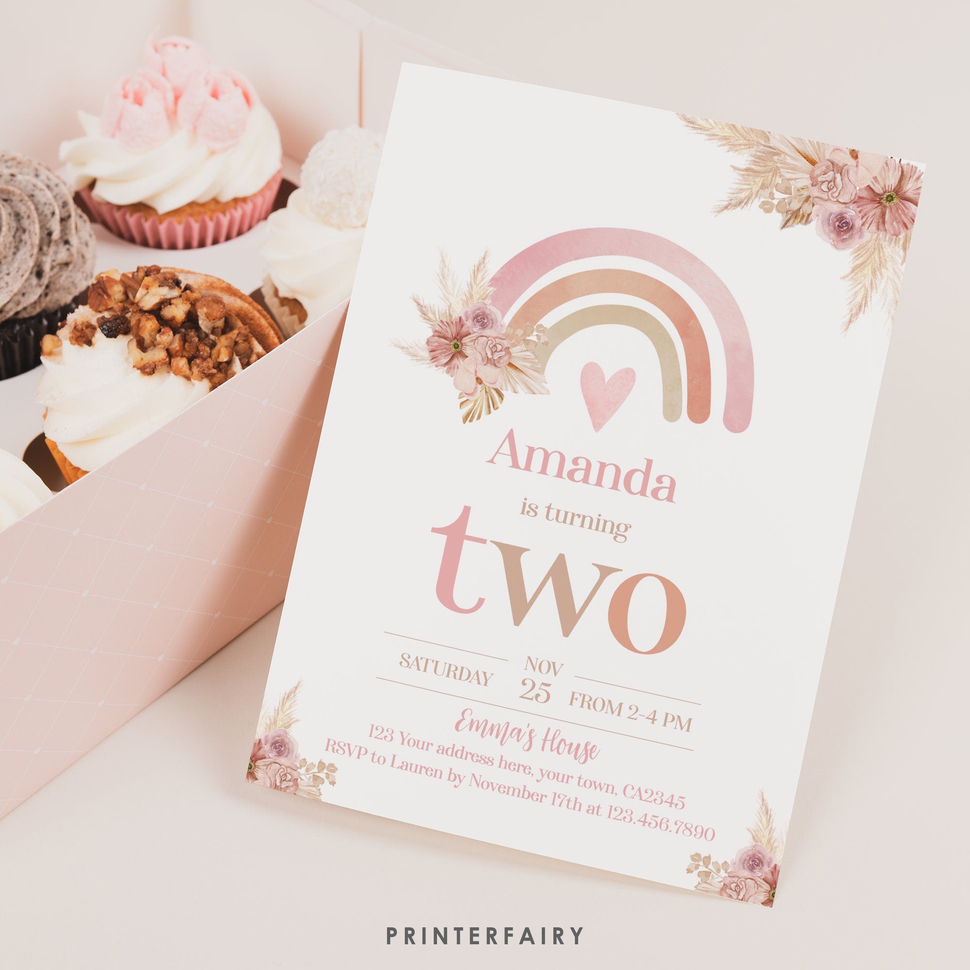 Boho Rainbow 2nd Birthday Invitation, Pastel Watercolor (Editable in Corjl)