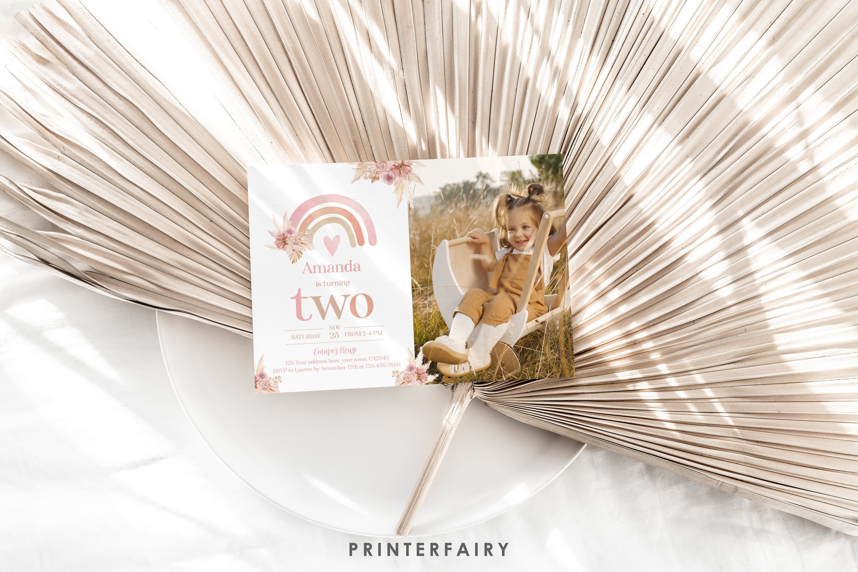 Boho Rainbow 2nd Birthday Invitation with Photo, Pastel Watercolor (Editable in Corjl)