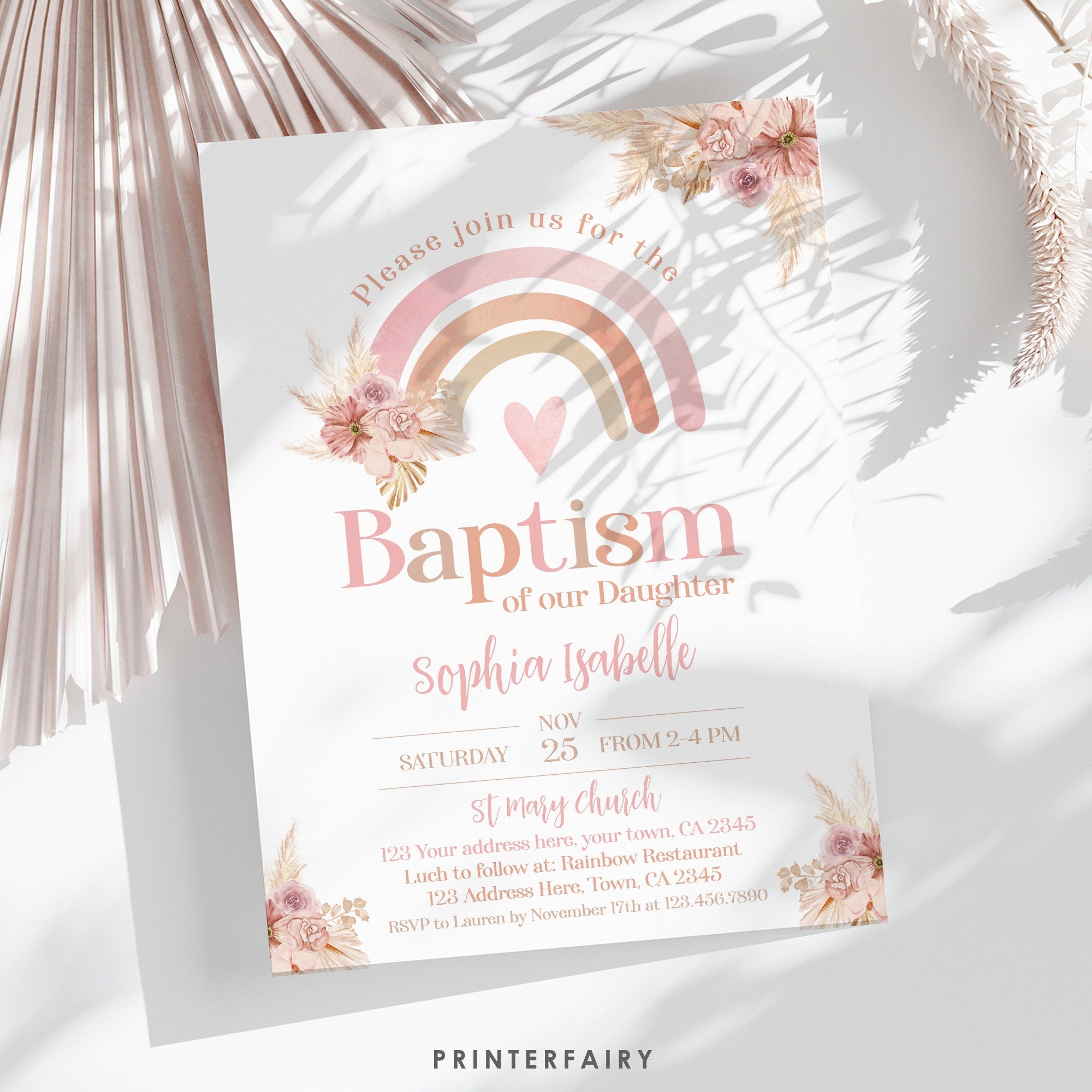 Boho Rainbow Baptism Invitation, Pastel Watercolor (Editable in Corjl)