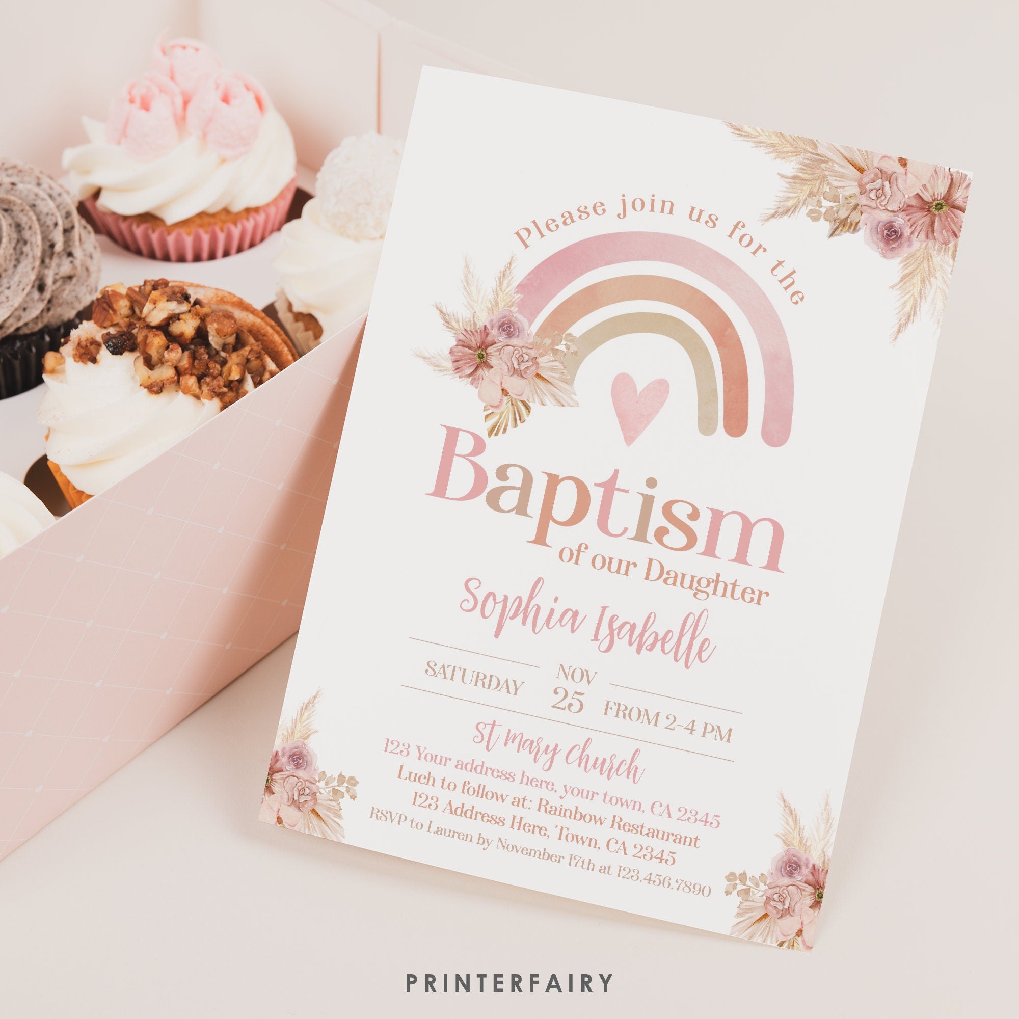 Boho Rainbow Baptism Invitation, Pastel Watercolor (Editable in Corjl)
