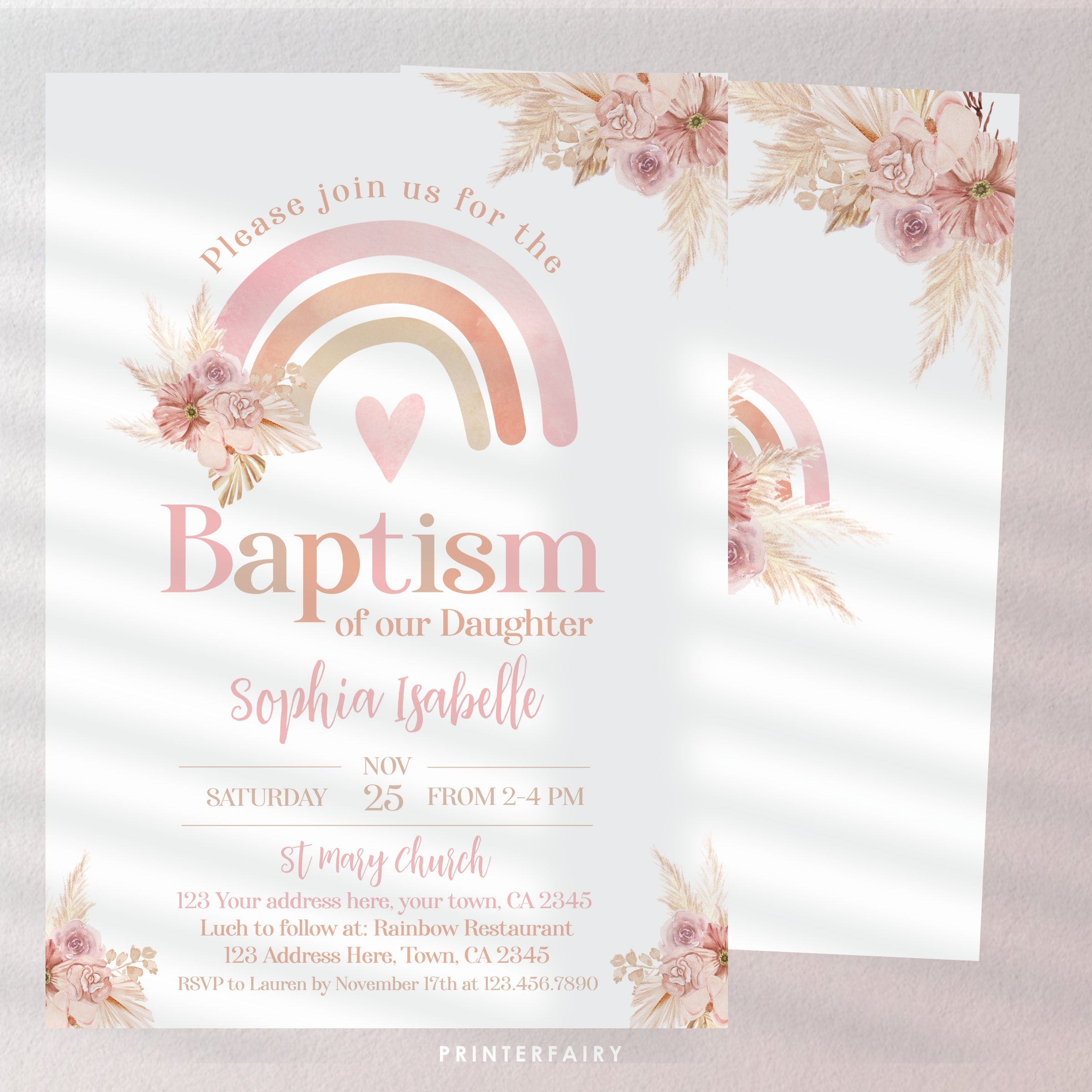 Boho Rainbow Baptism Invitation, Pastel Watercolor (Editable in Corjl)