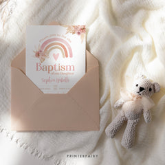 Boho Rainbow Baptism Invitation, Pastel Watercolor (Editable in Corjl)