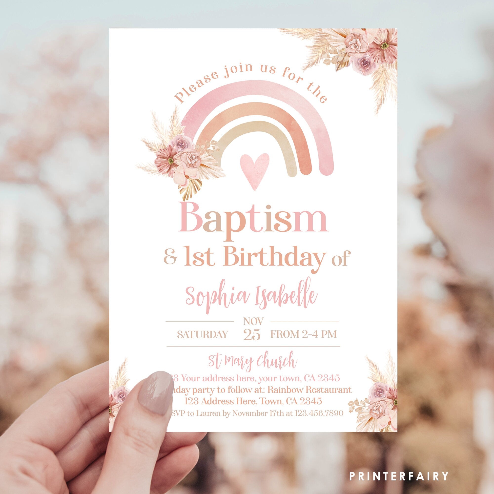 Boho Rainbow Baptism & Birthday Invitation Editable Template, Pastel Watercolor, Pink Boho, Pampas Grass Christening, INSTANT DOWNLOAD