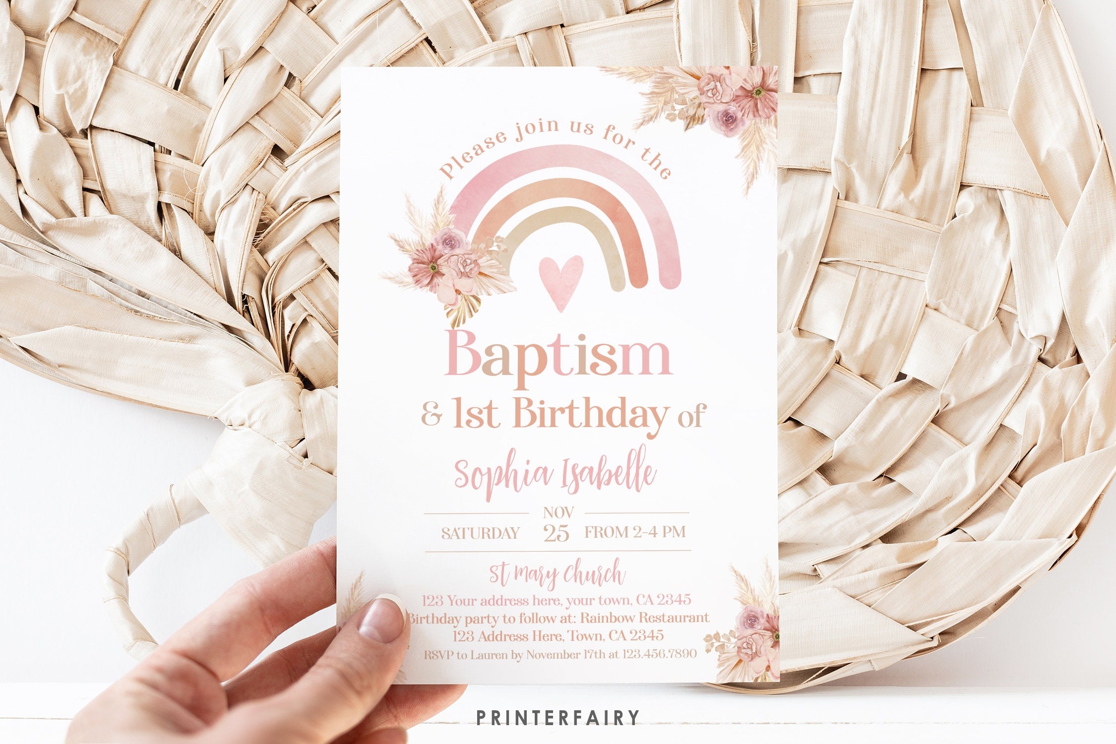 Boho Rainbow Baptism & Birthday Invitation Editable Template, Pastel Watercolor, Pink Boho, Pampas Grass Christening, INSTANT DOWNLOAD