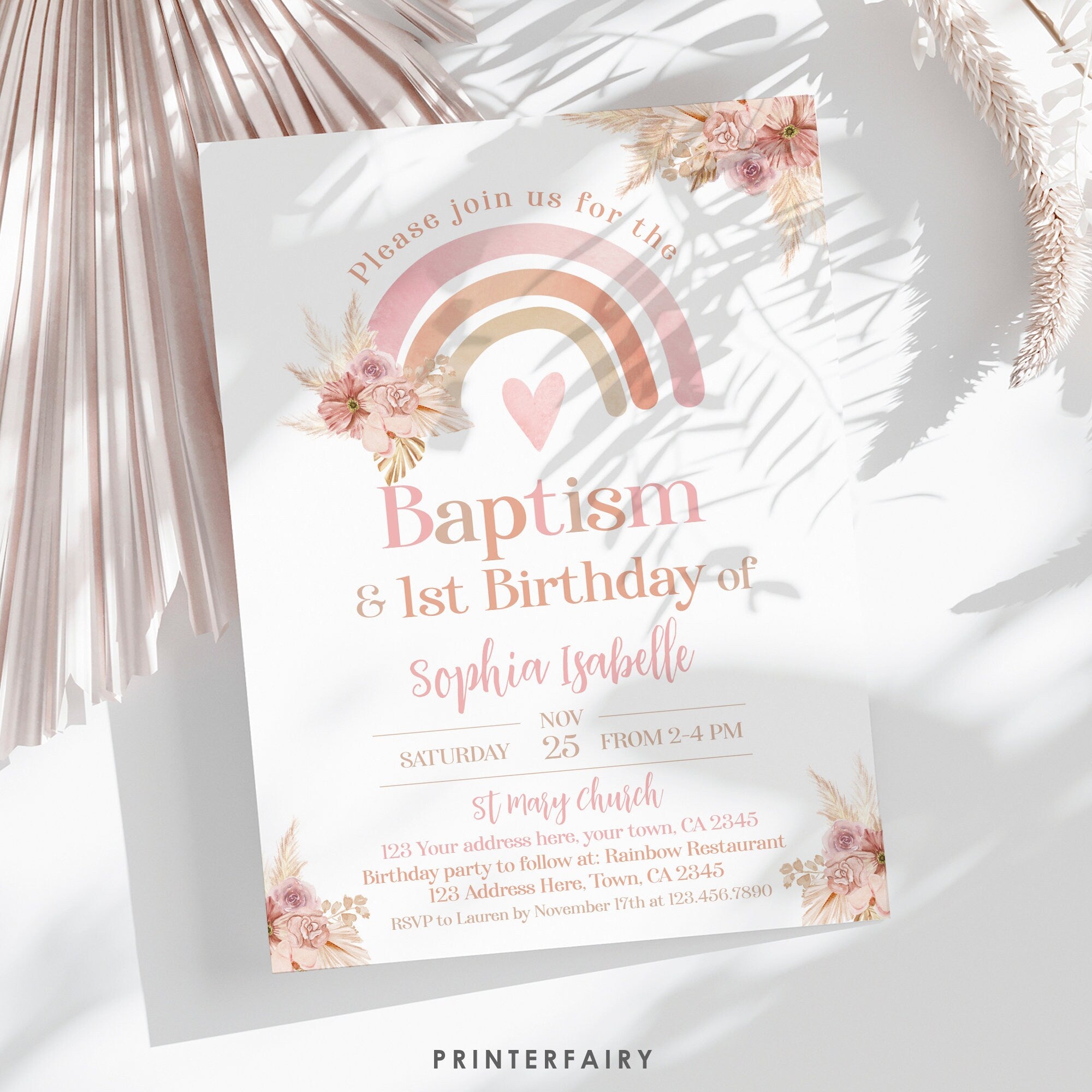 Boho Rainbow Baptism & Birthday Invitation Editable Template, Pastel Watercolor, Pink Boho, Pampas Grass Christening, INSTANT DOWNLOAD