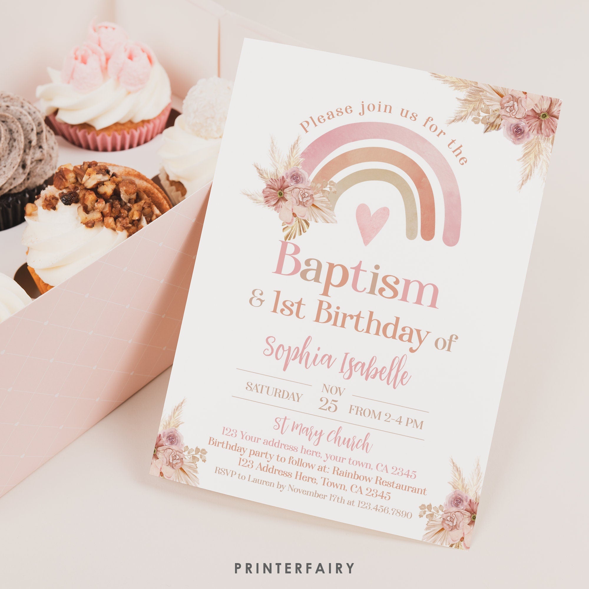 Boho Rainbow Baptism & Birthday Invitation Editable Template, Pastel Watercolor, Pink Boho, Pampas Grass Christening, INSTANT DOWNLOAD