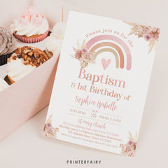 Boho Rainbow Baptism & Birthday Invitation Editable Template, Pastel Watercolor, Pink Boho, Pampas Grass Christening, INSTANT DOWNLOAD