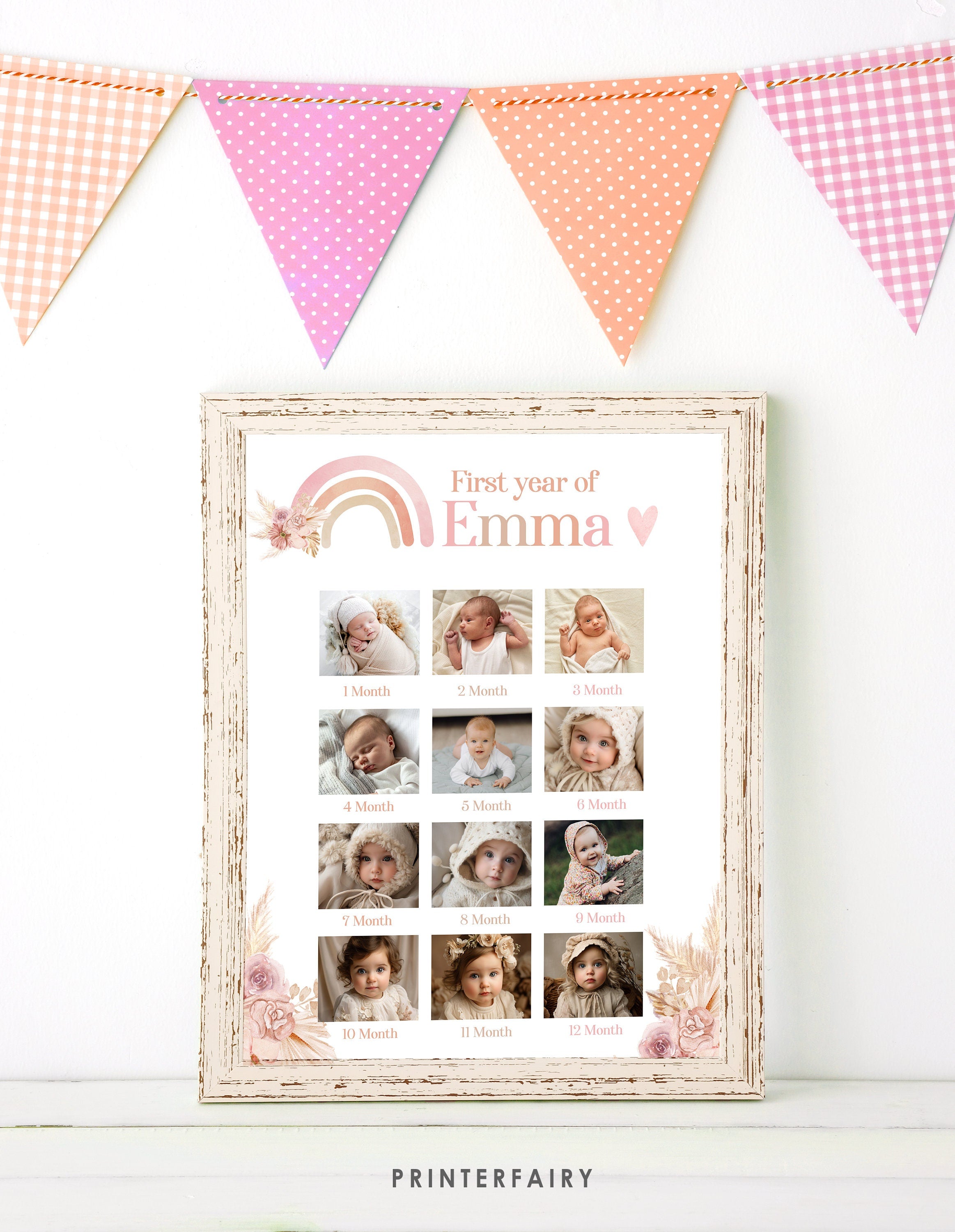 Boho Rainbow First Birthday Photo Board, Pastel Watercolor (Editable Digital)