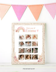 Boho Rainbow First Birthday Photo Board, Pastel Watercolor (Editable Digital)