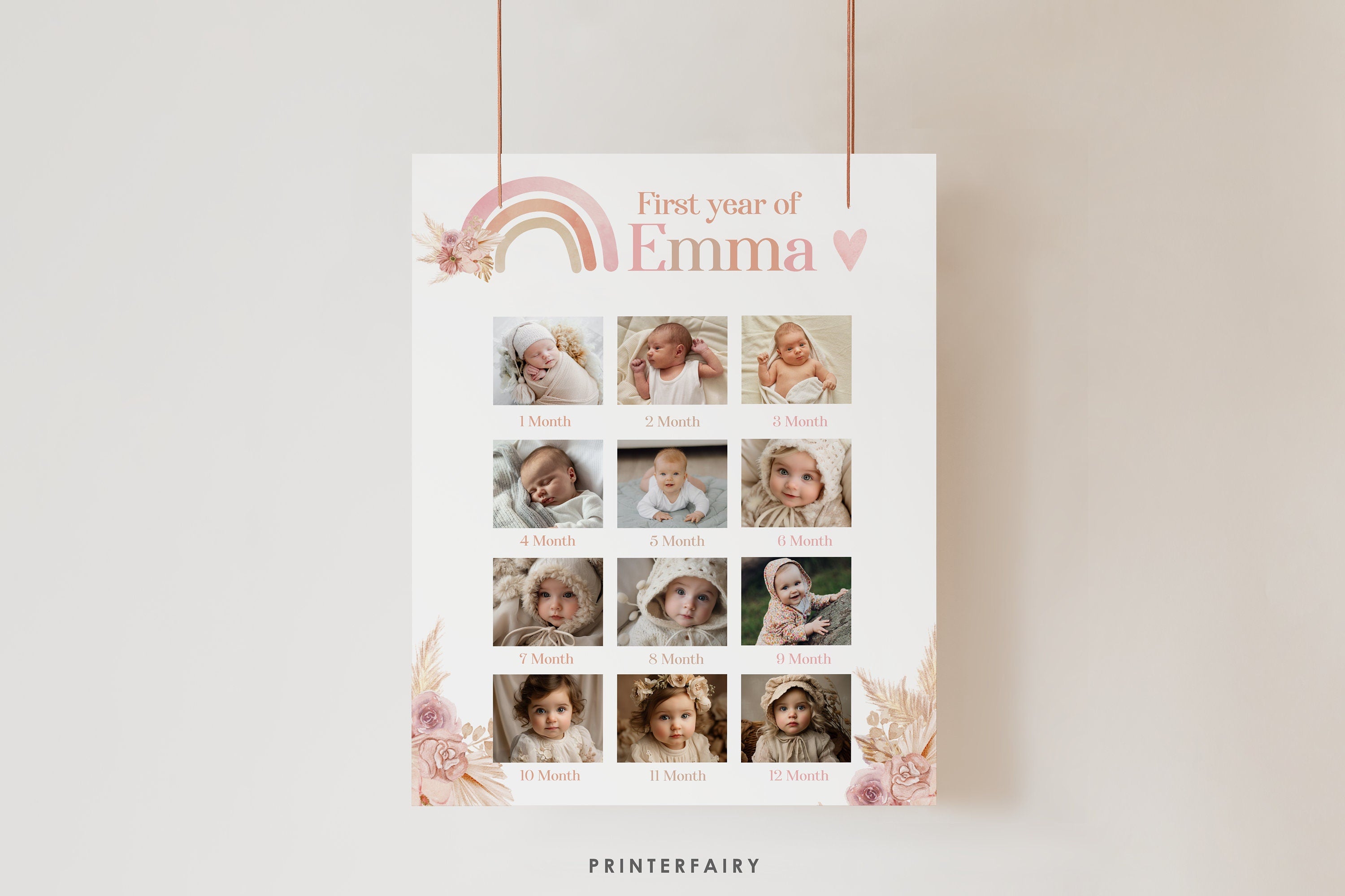 Boho Rainbow First Birthday Photo Board, Pastel Watercolor (Editable Digital)