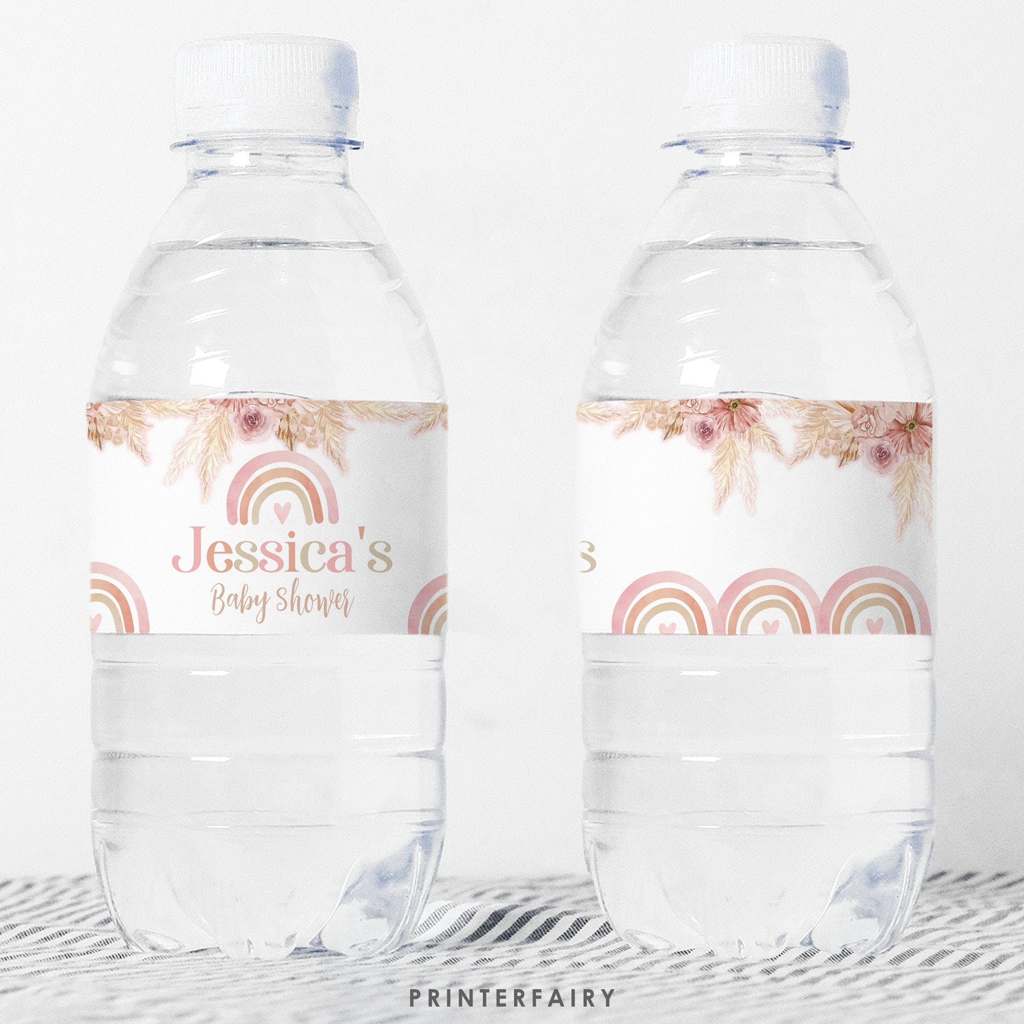 Rainbow Birthday Water Bottle Labels, Boho Pastel Watercolor, Pampas Party, Boho, Editable in Corjl