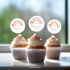 Boho Rainbow Cupcake Toppers, Pastel Watercolor Baby Shower Decor (Editable)