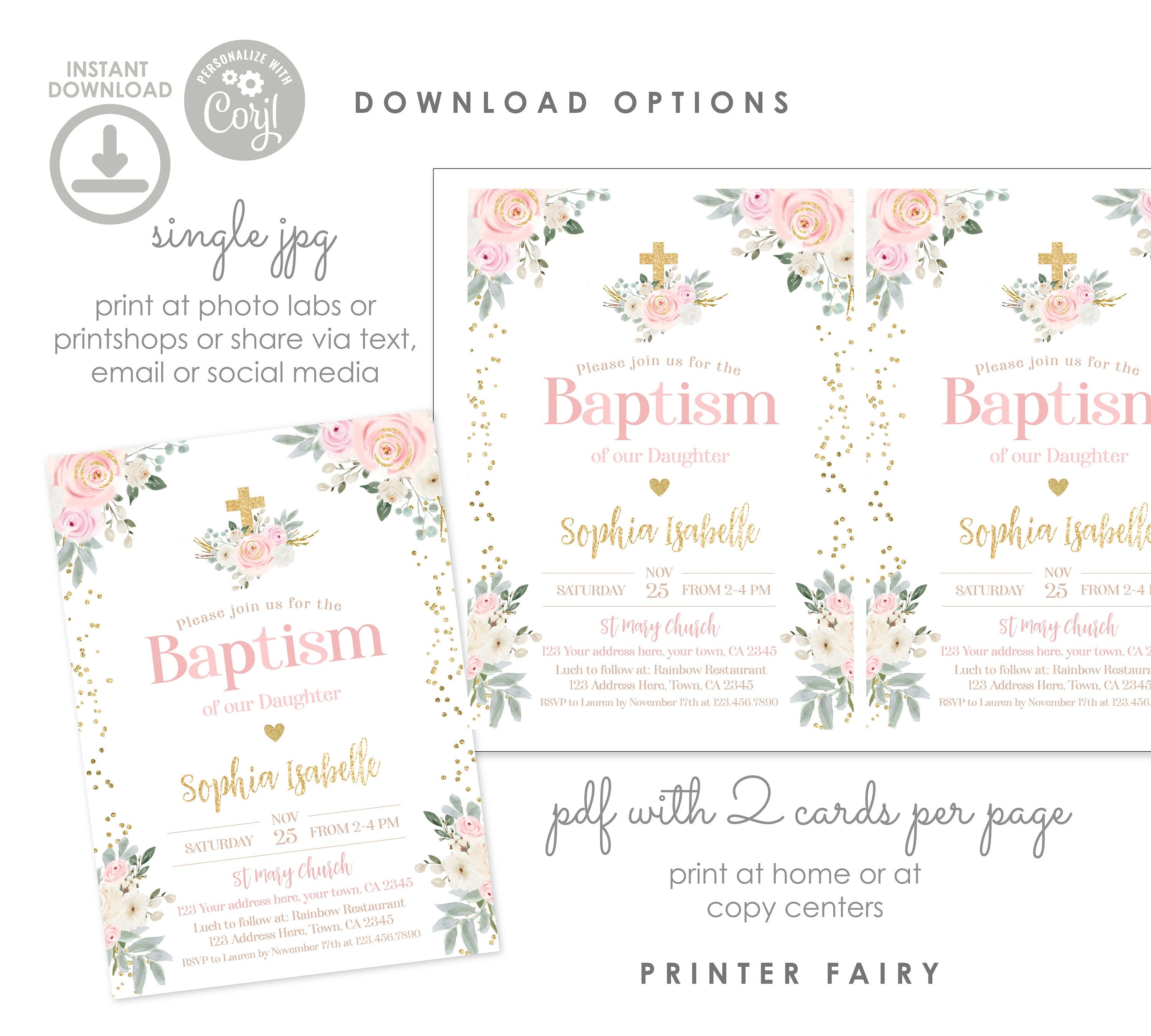 Floral Baptism Invitation, Elegant White Flowers (Digital Download)