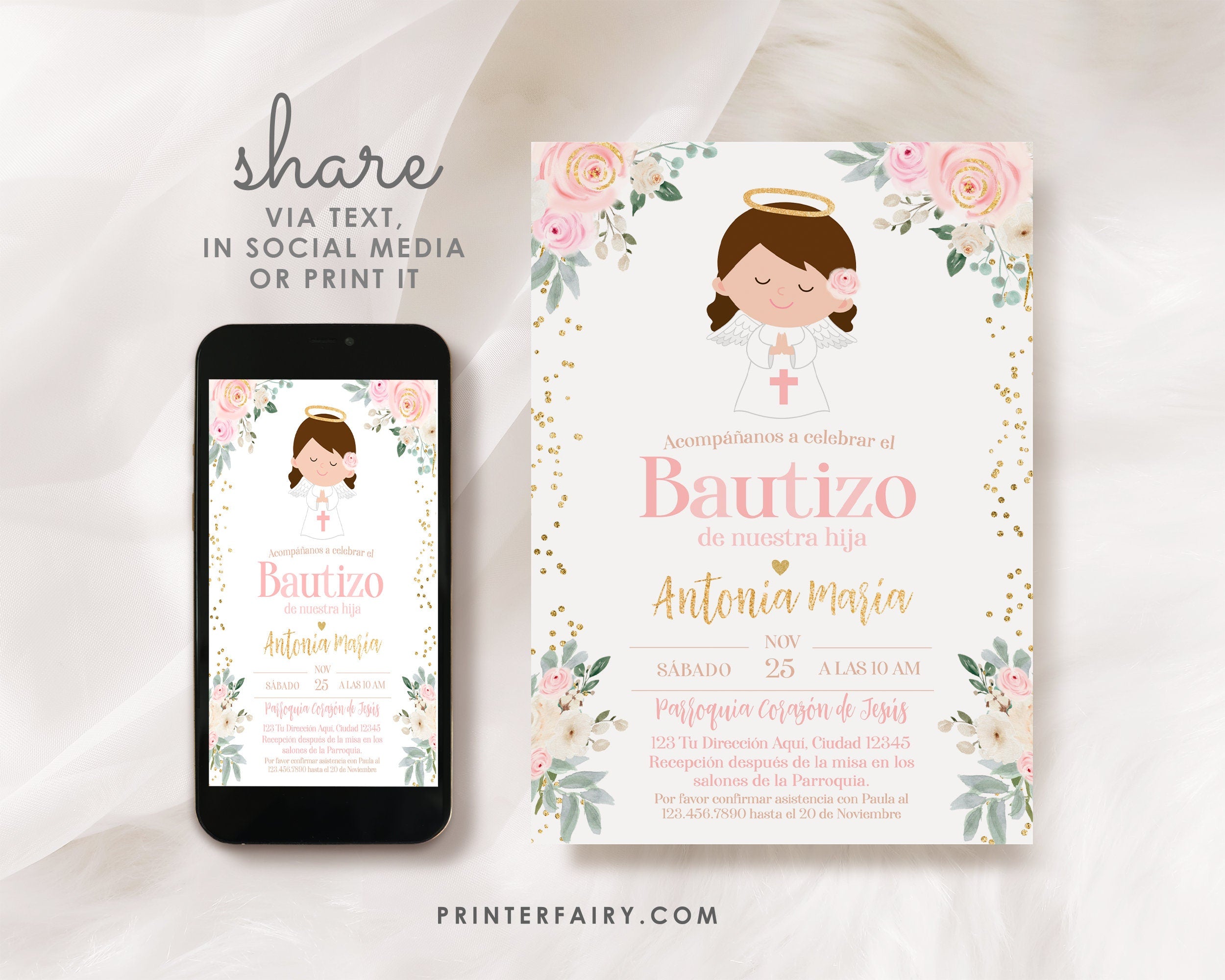Angel Bautizo Invitation Girl, Editable Spanish Template (Digital)