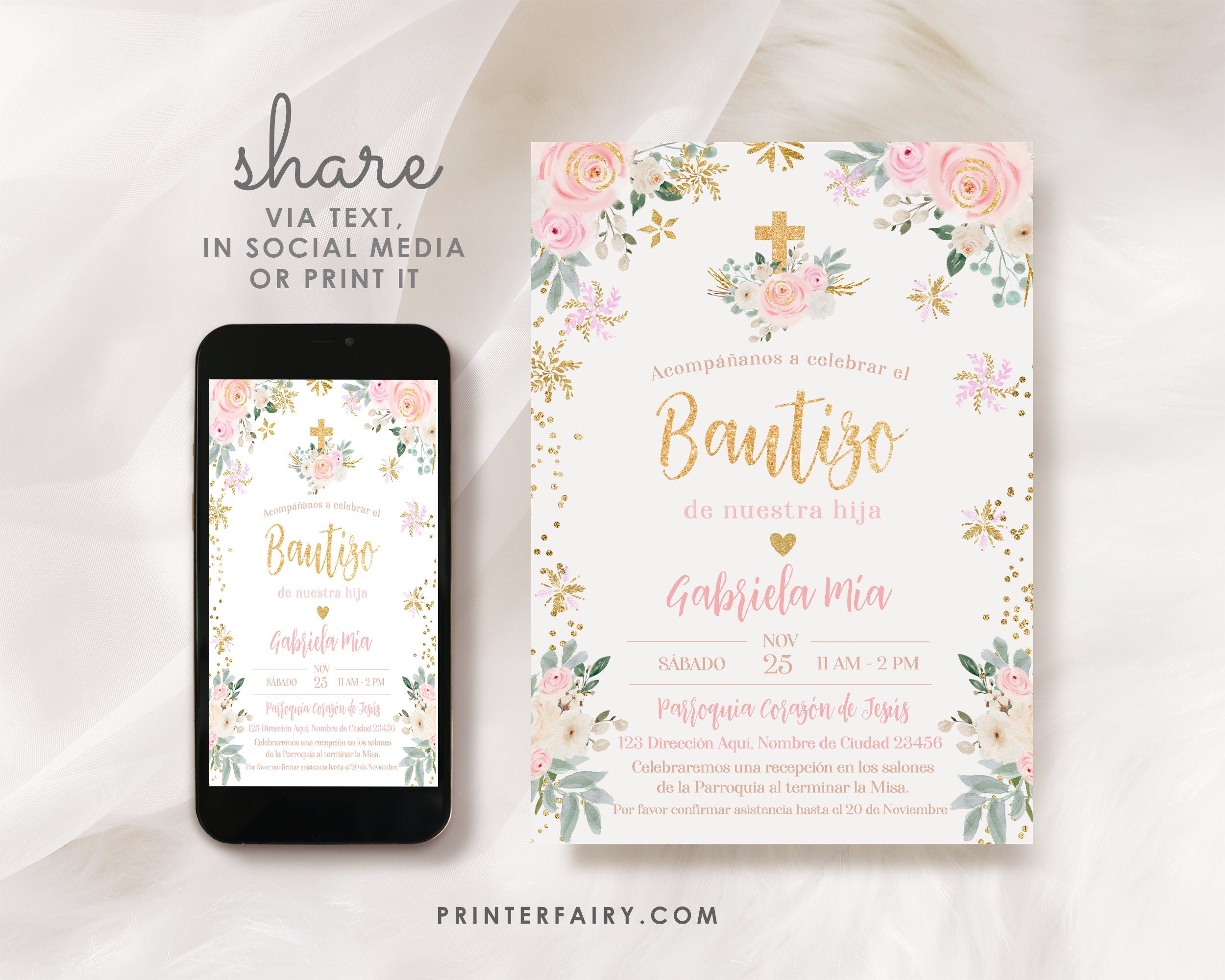 Floral Baptism Invitation for Girls – Pink Winter Wonderland (Digital Download)