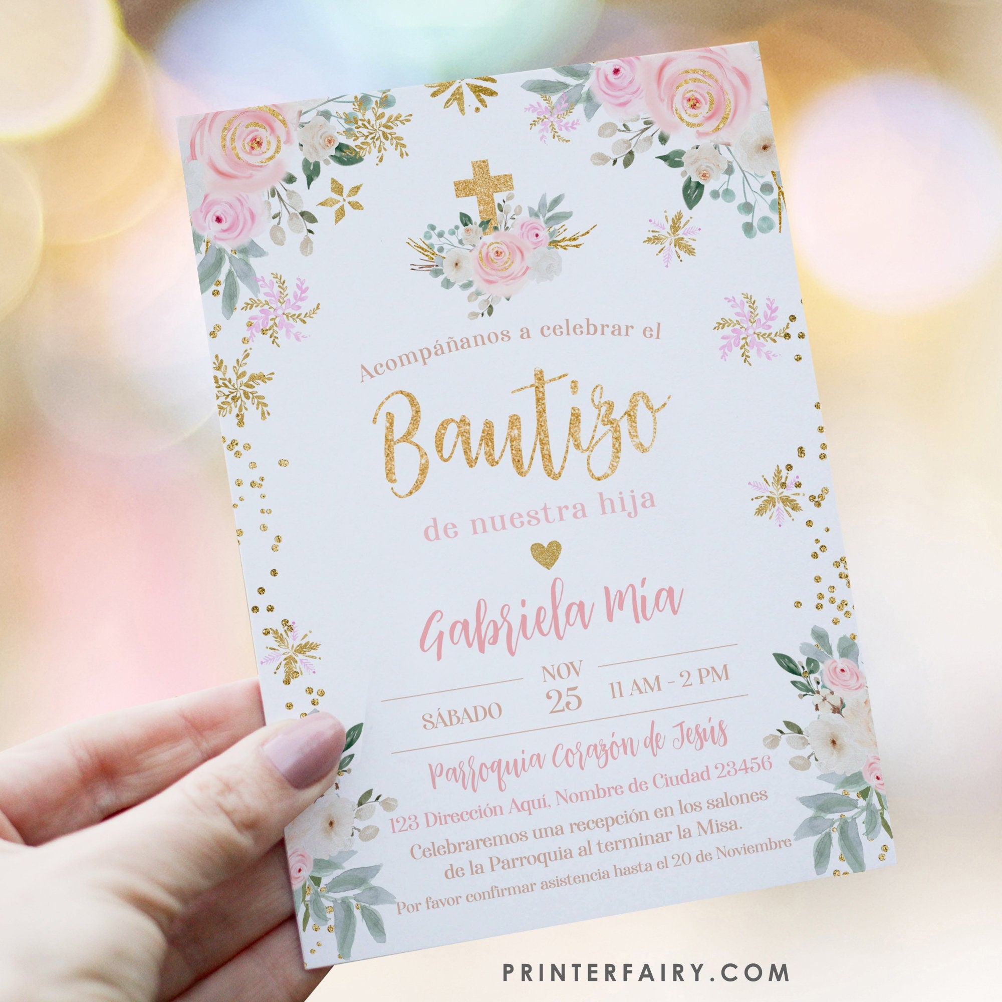 Floral Baptism Invitation for Girls – Pink Winter Wonderland (Digital Download)