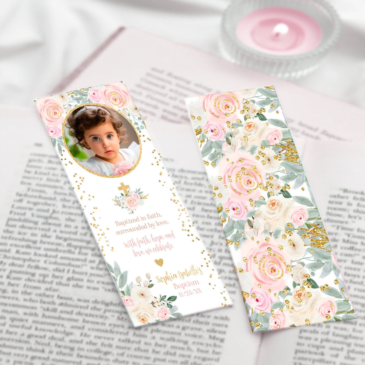 Floral Baptism Bookmark, Editable Keepsake (Instant Download)