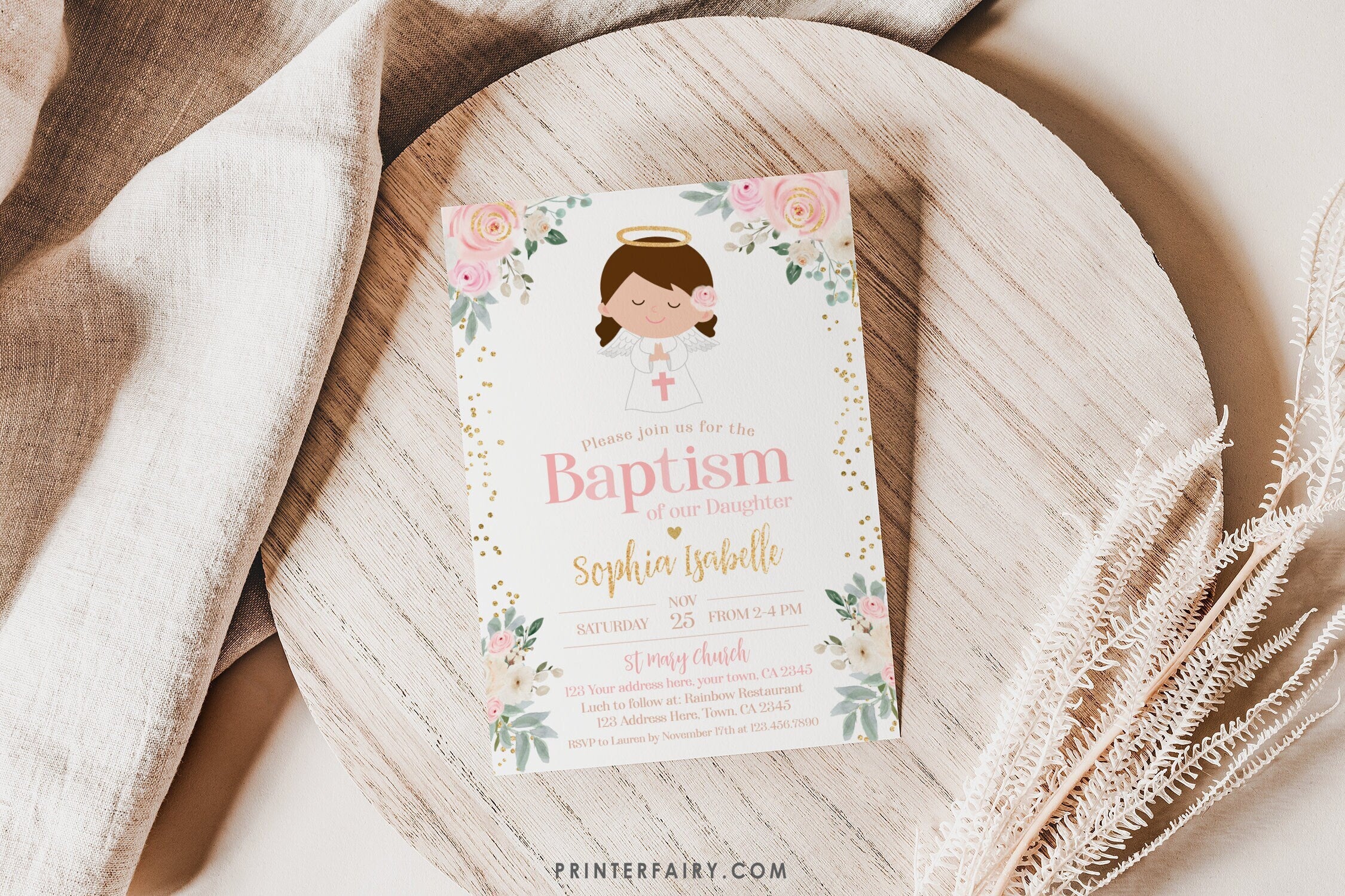 Angel Baptism Invitation, Floral, Pink and Gold, Editable Template (Digital Download)