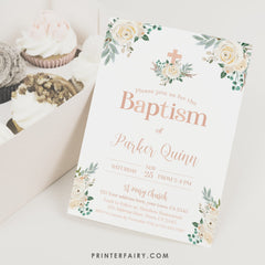 Floral Baptism Invitation, Elegant White Flowers (Digital Download)