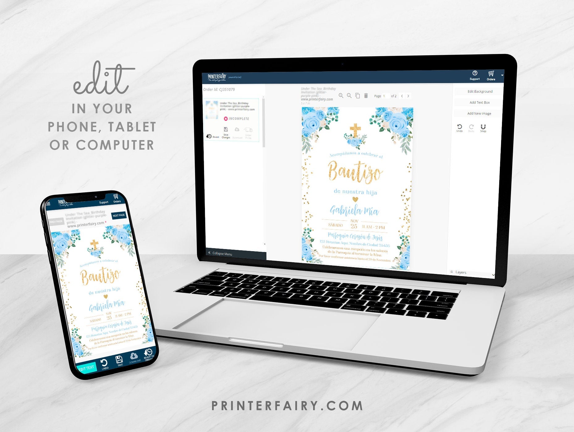Baptism Invitation in Spanish, EDITABLE Blue Floral Invite, Printable Digital Invitation Template INSTANT DOWNLOAD