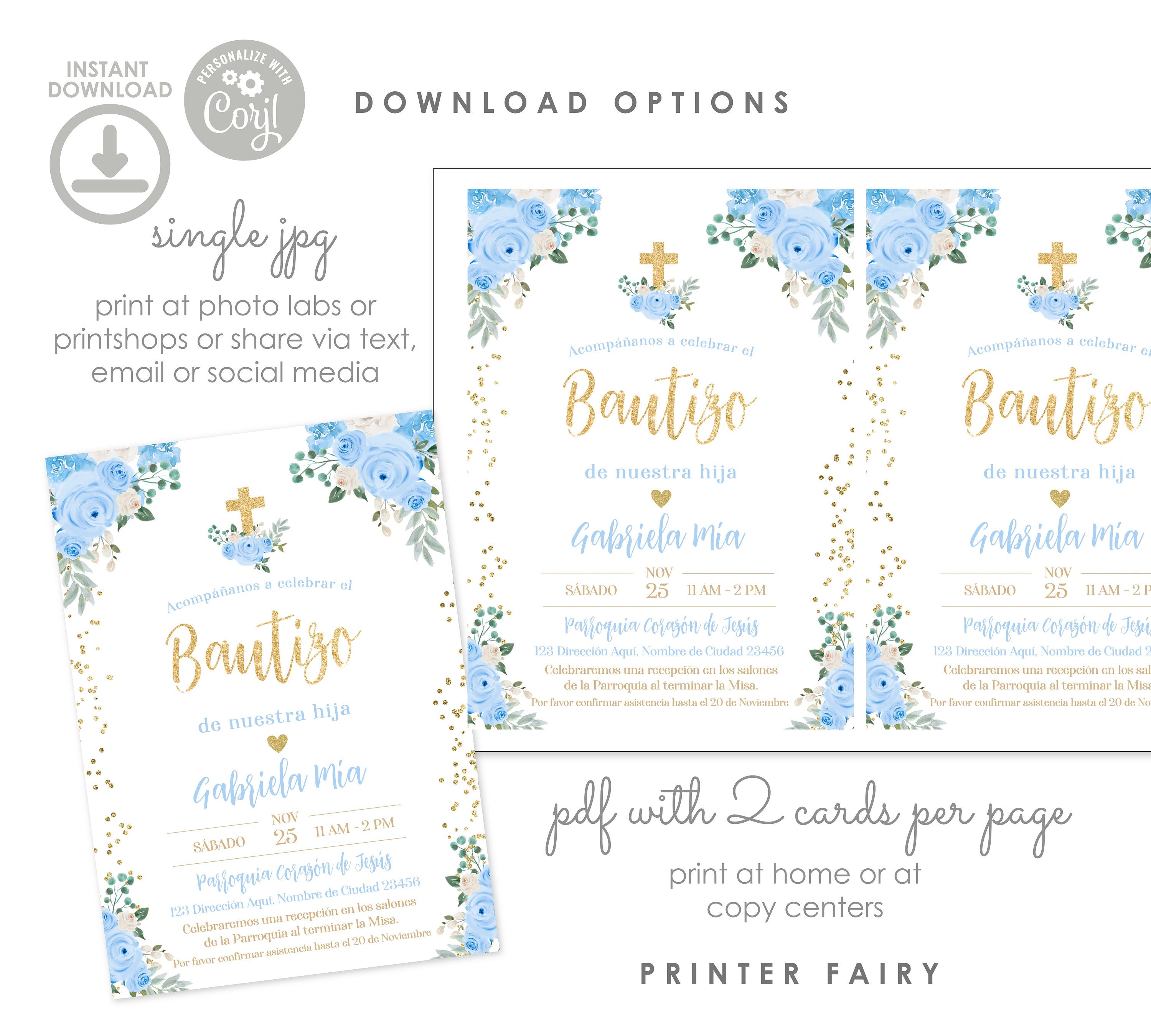 Baptism Invitation in Spanish, EDITABLE Blue Floral Invite, Printable Digital Invitation Template INSTANT DOWNLOAD