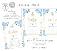 Baptism Invitation in Spanish, EDITABLE Blue Floral Invite, Printable Digital Invitation Template INSTANT DOWNLOAD