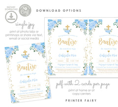Baptism Invitation in Spanish, EDITABLE Blue Floral Invite, Printable Digital Invitation Template INSTANT DOWNLOAD