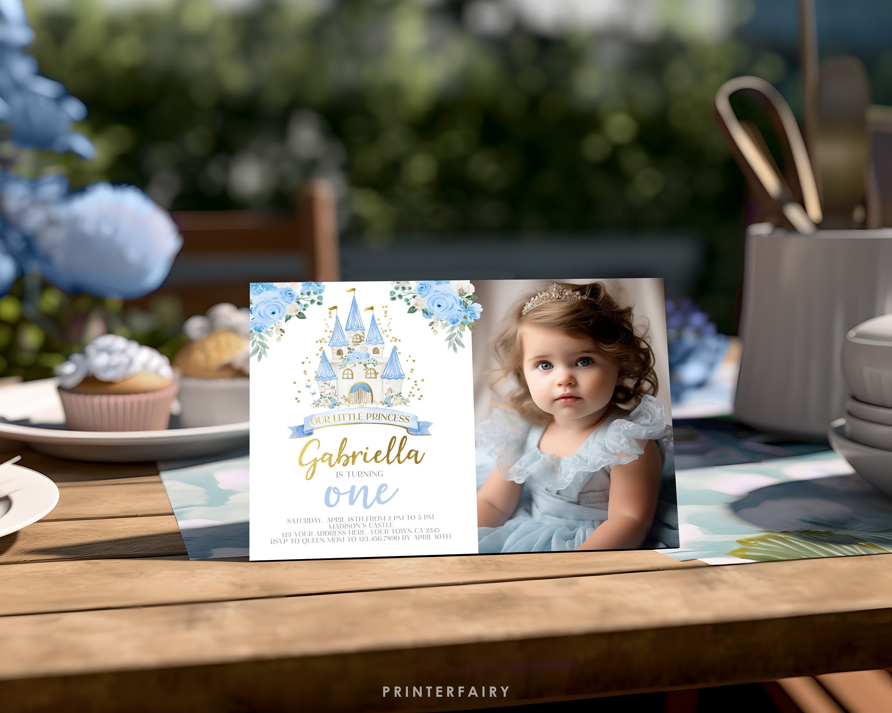 Blue Princess Castle First Birthday Photo Invitation (Editable in Corjl)