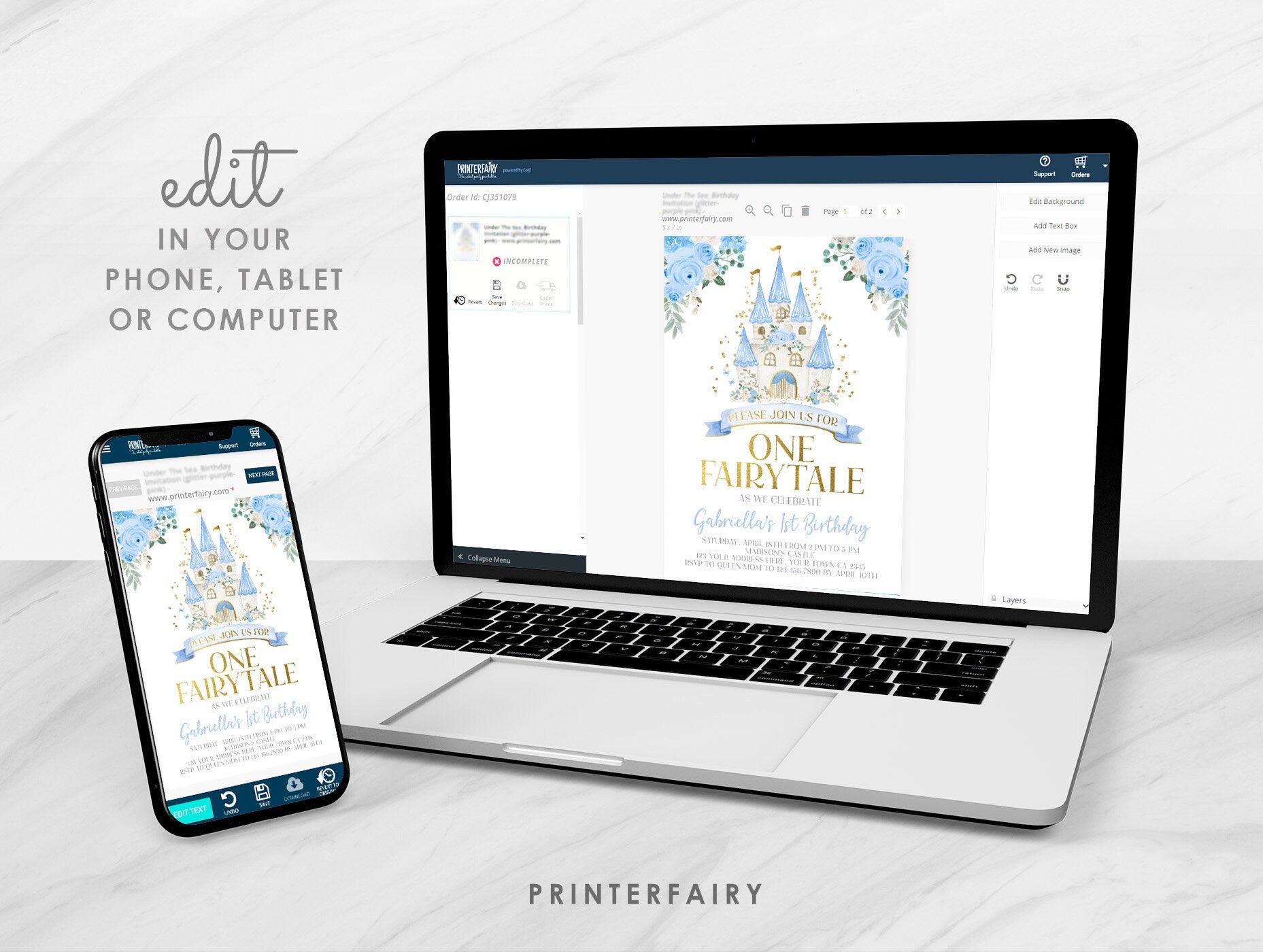 Cinderella 1st Birthday Invitation, Blue Princess Castle (Instant Download)