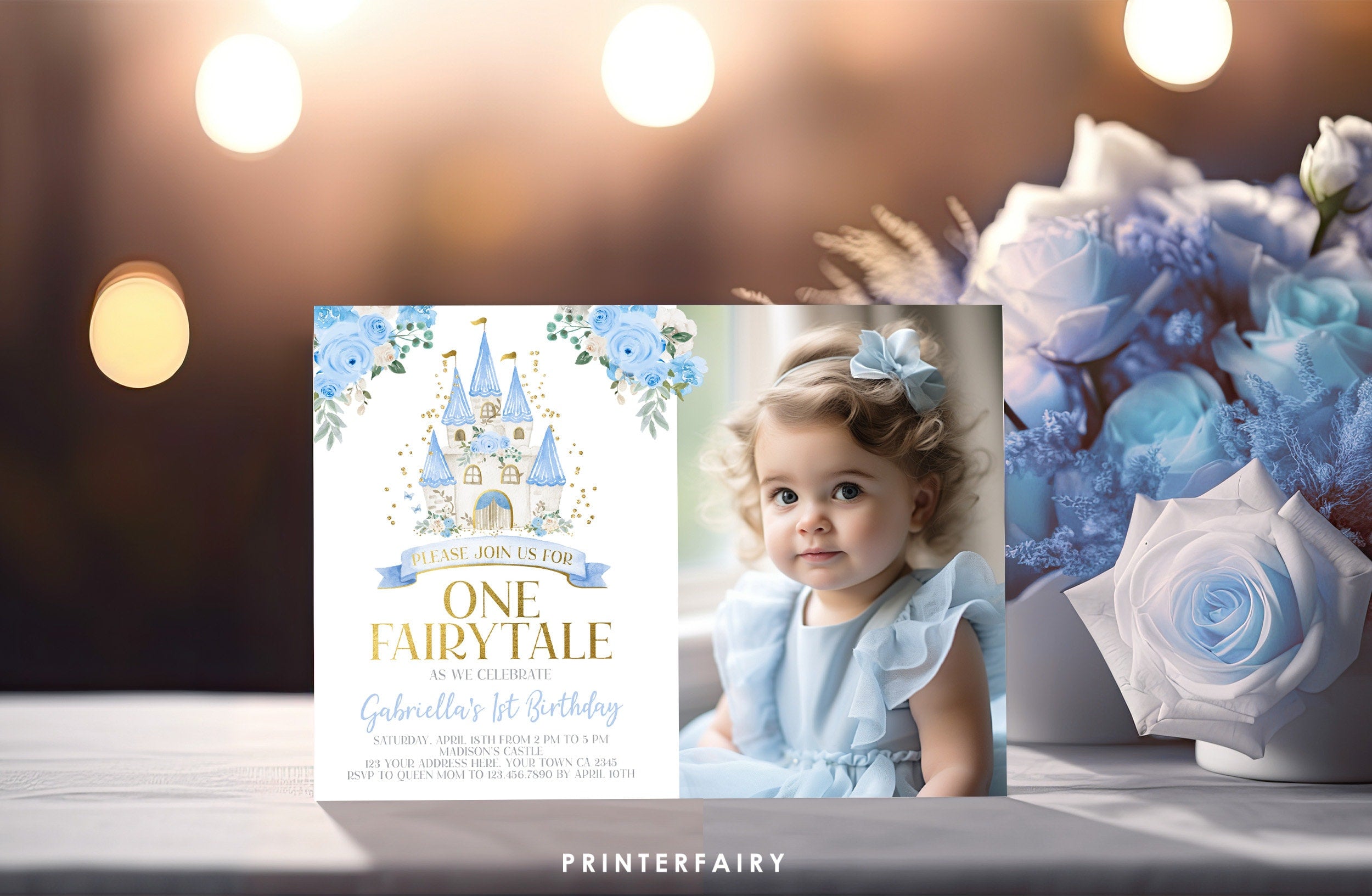 Blue Princess 1st Birthday Invitation with Photo (Editable Template)