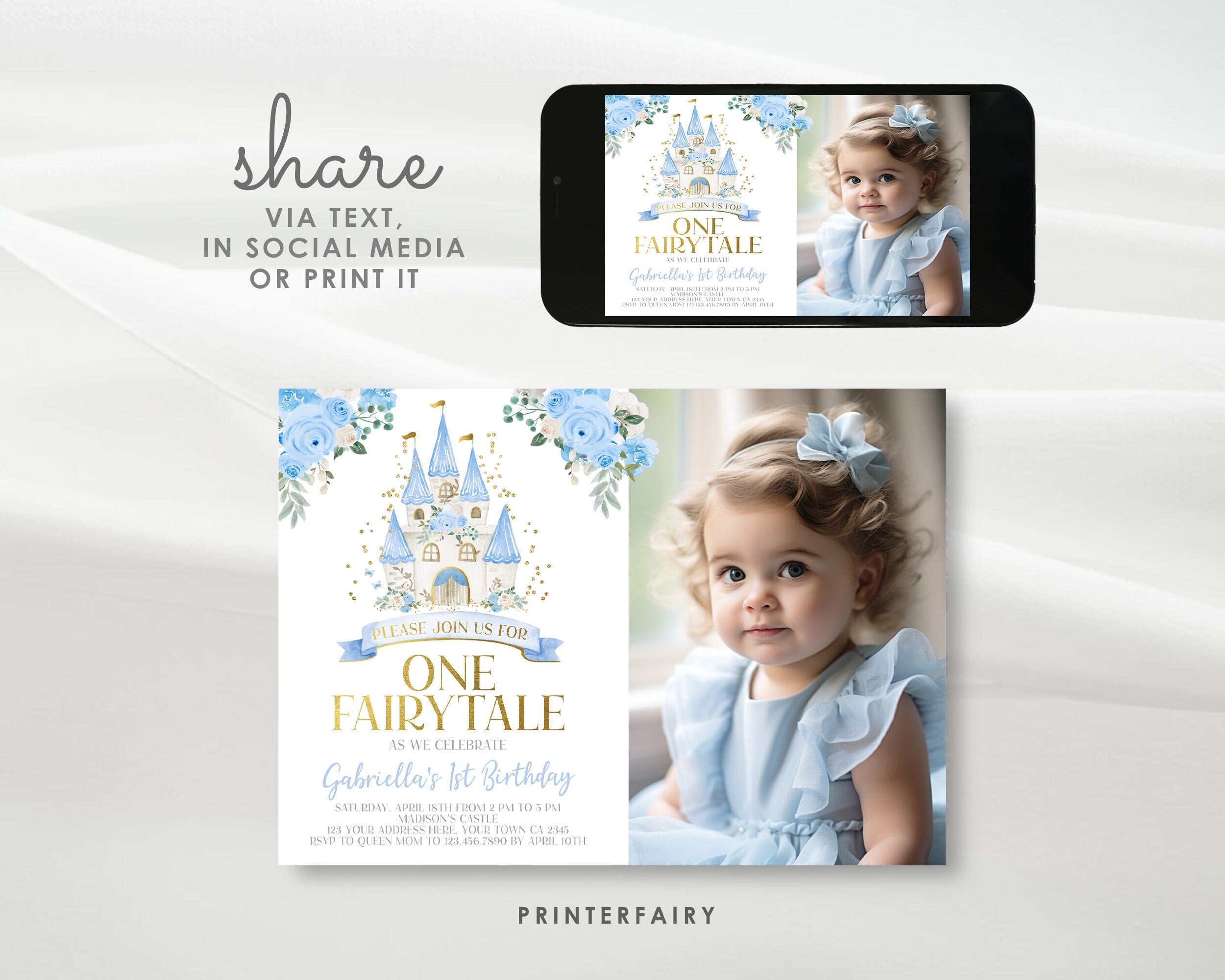 Blue Princess 1st Birthday Invitation with Photo (Editable Template)