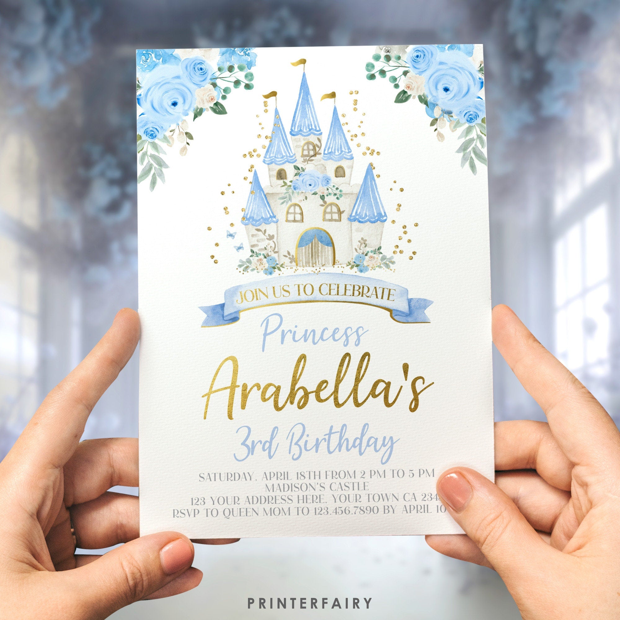 Cinderella Birthday Invitation, Floral Princess Castle, Editable Printable (Digital)