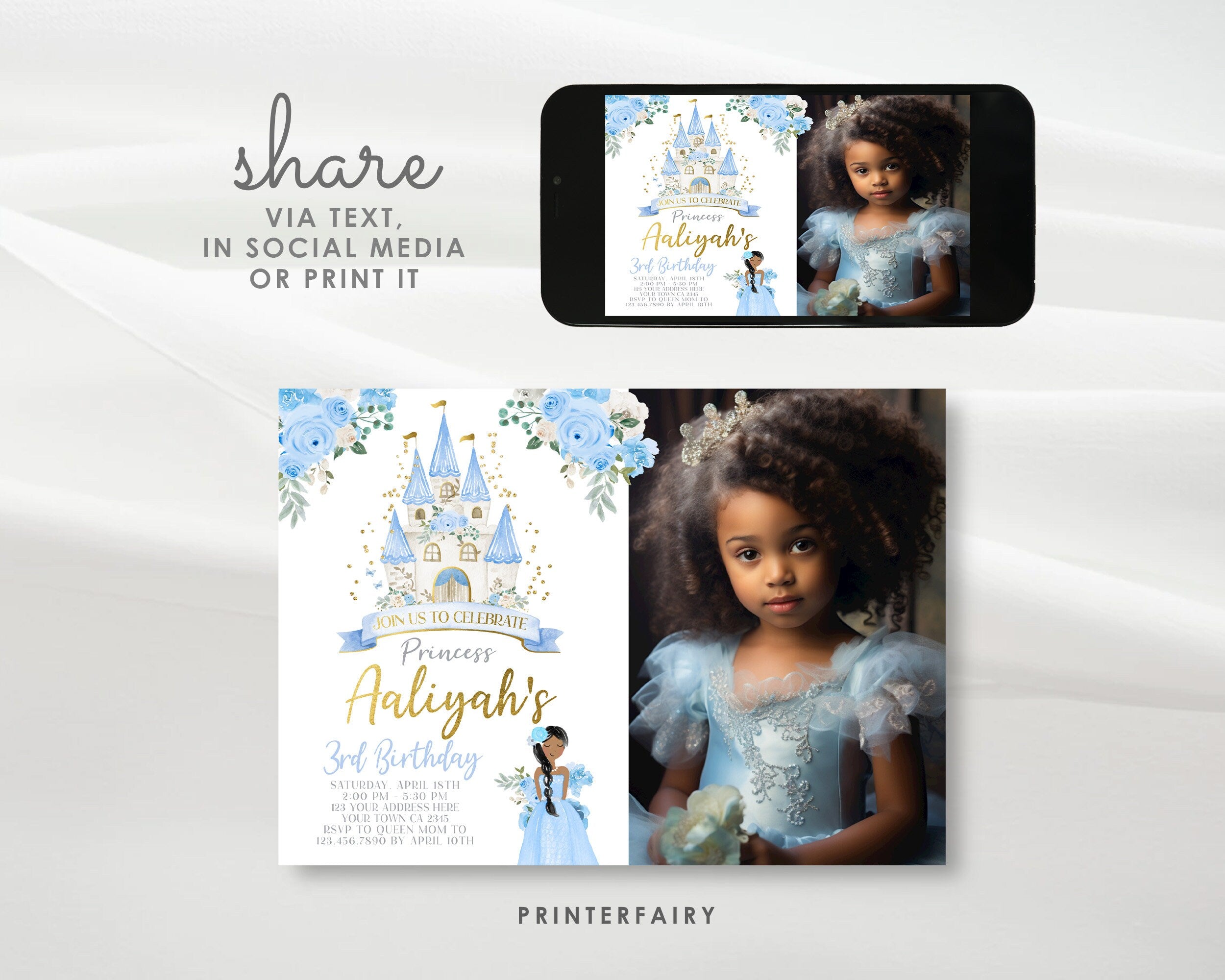 Princess Cinderella Birthday Invitation with Picture Editable template Instant Download