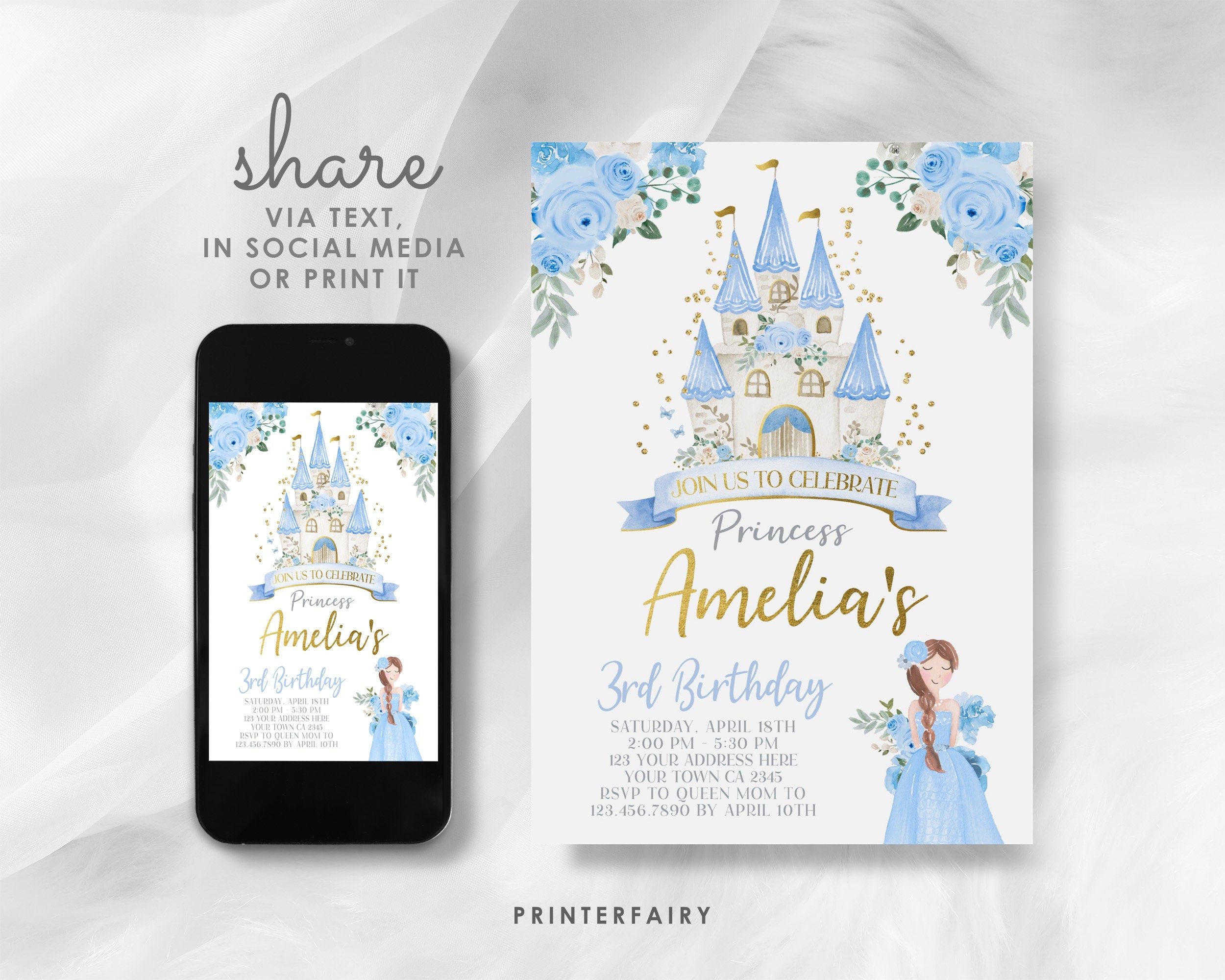 Blue Princess Castle Birthday Invitation, Editable Royal Party (Digital Download)