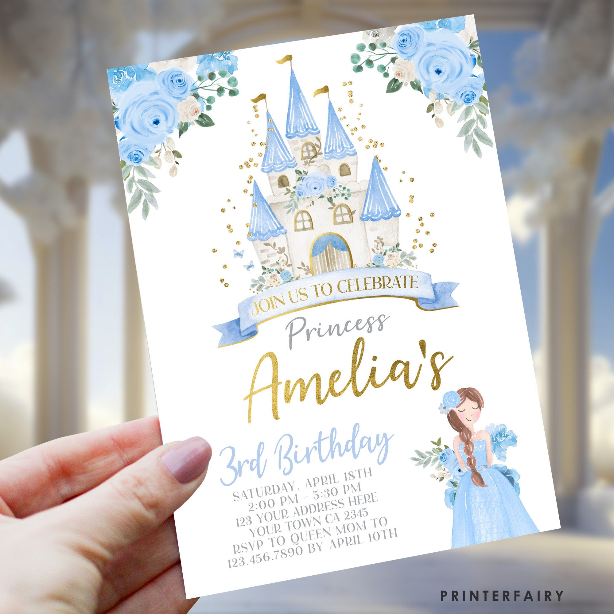 Blue Princess Castle Birthday Invitation, Editable Royal Party (Digital Download)