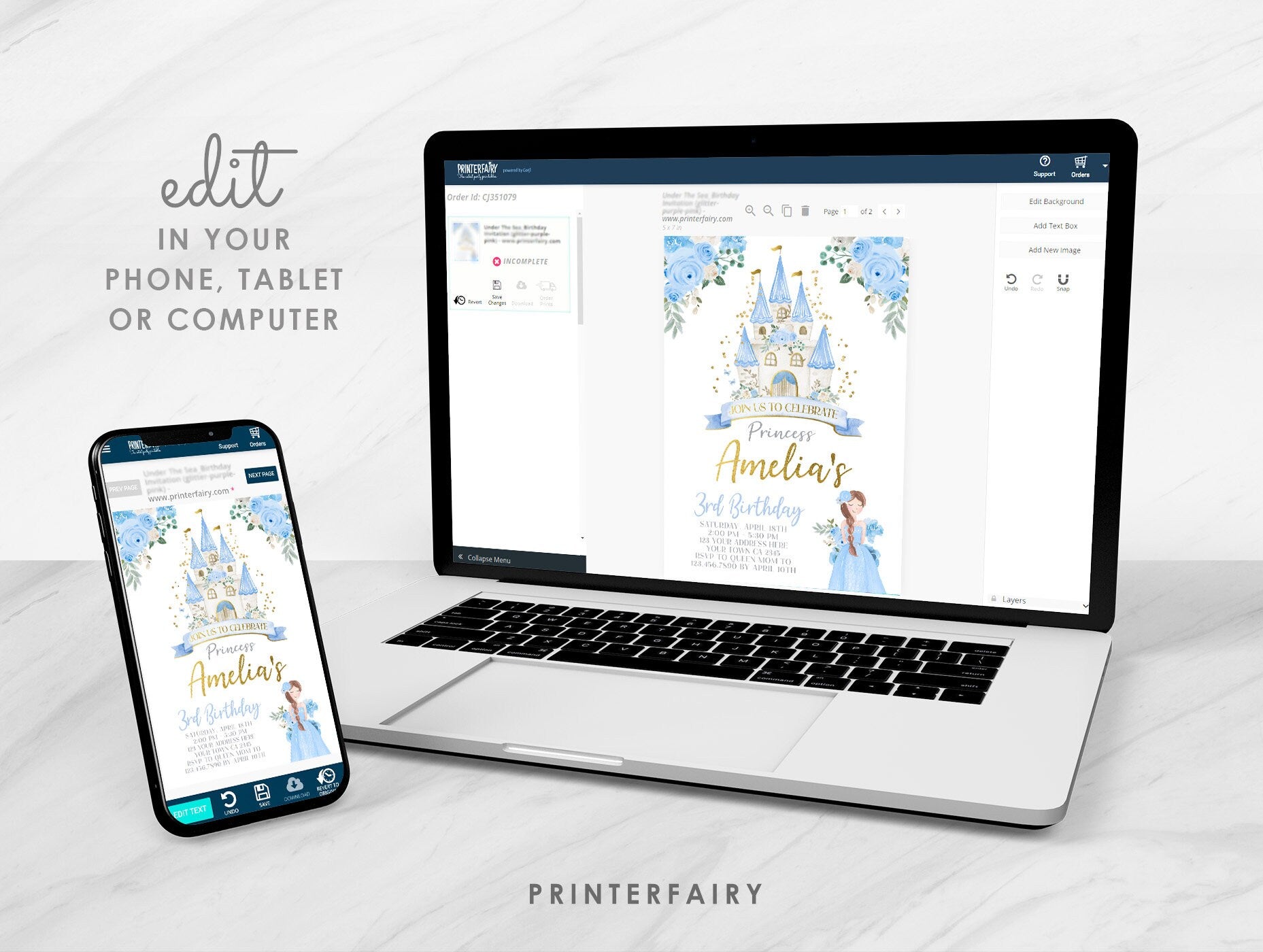 Blue Princess Castle Birthday Invitation, Editable Royal Party (Digital Download)