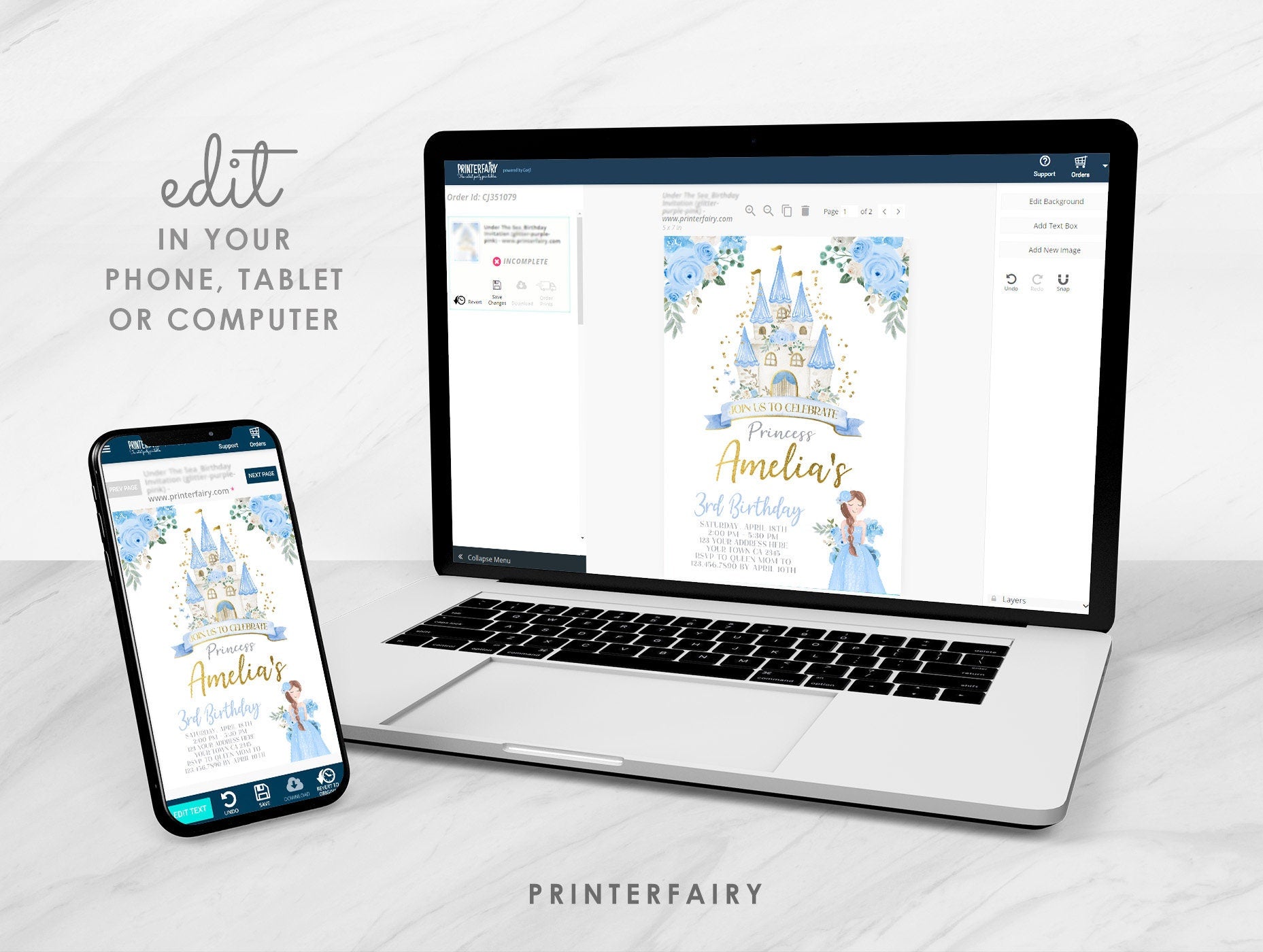 Blue Princess Castle Birthday Invitation, Editable Royal Party (Digital Download)