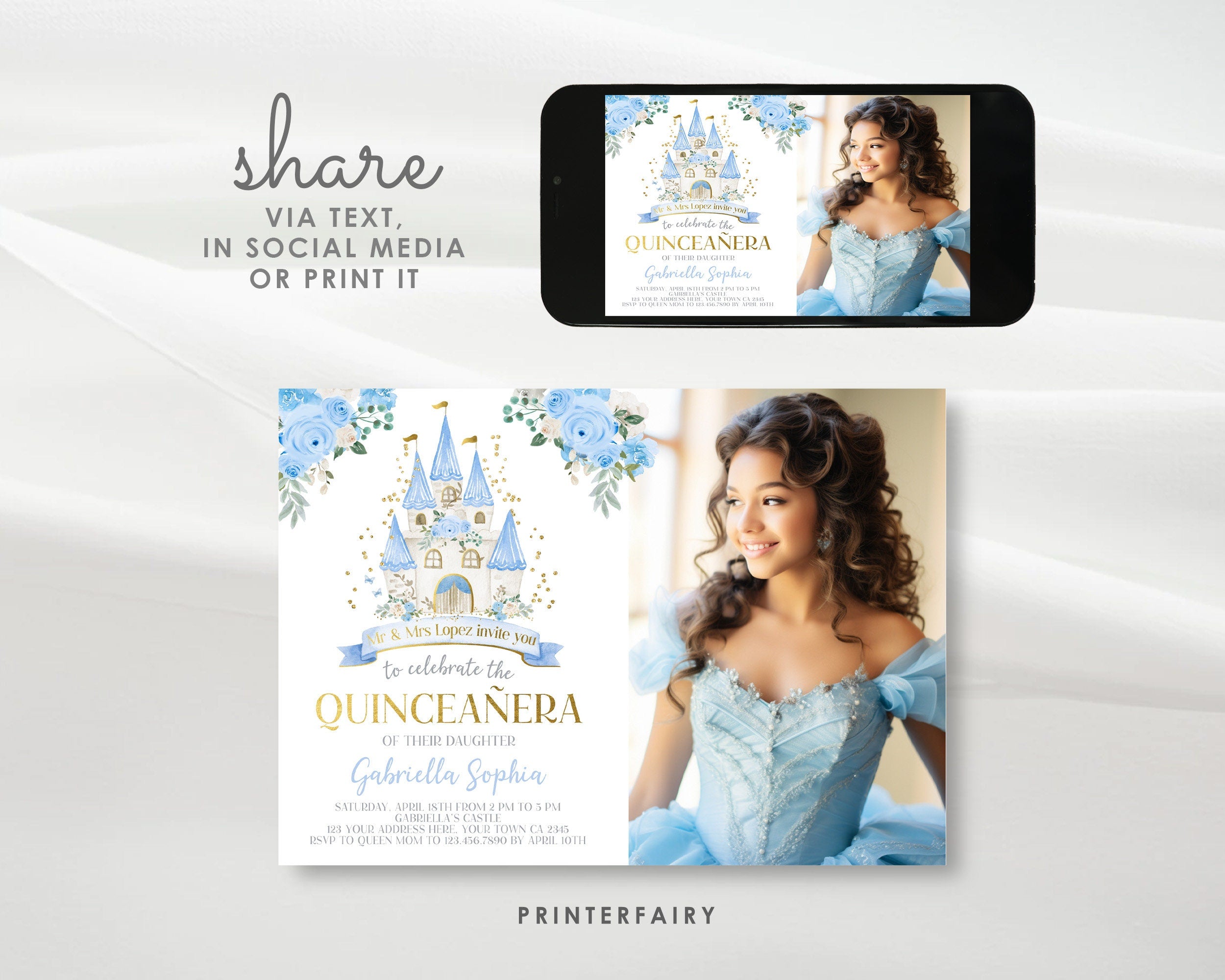 Photo Quinceañera Invitation, Princess Castle Party (Digital Download)