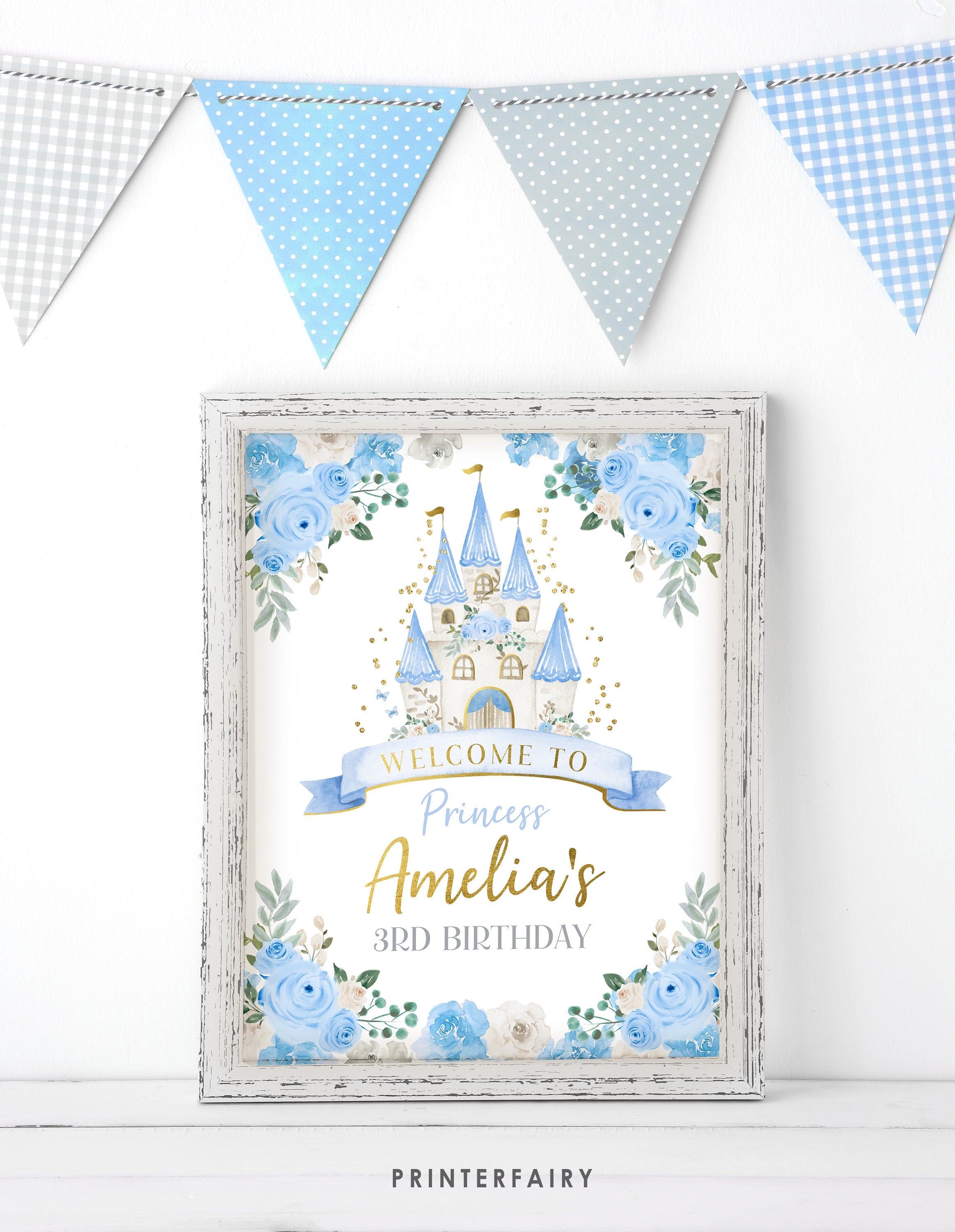 Princess Birthday Welcome Sign, Light Blue and Gold Castle (Instant Download)