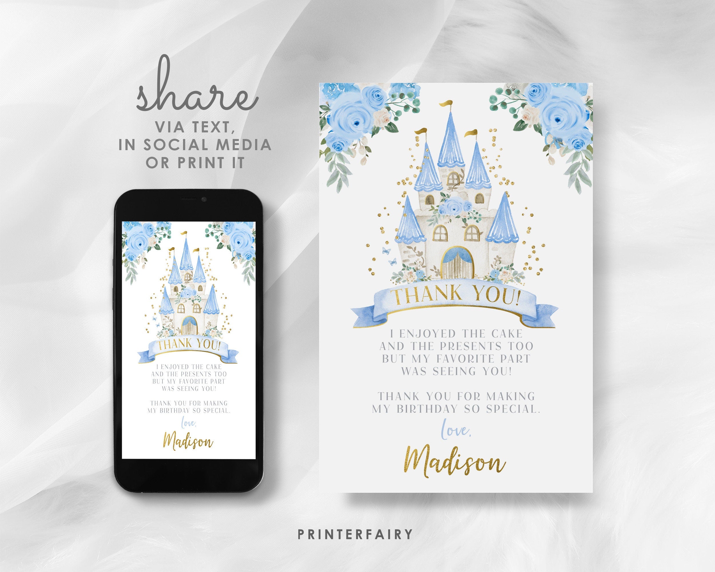 Blue Princess Castle Thank You Card, Editable Birthday Party (Digital)