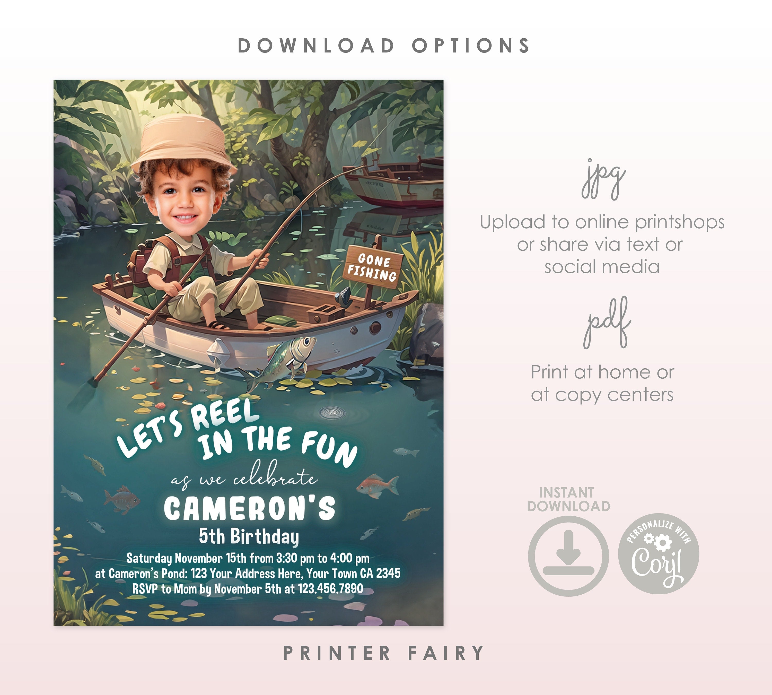 Editable Fishing Birthday Invitation with Photo (Digital Download)