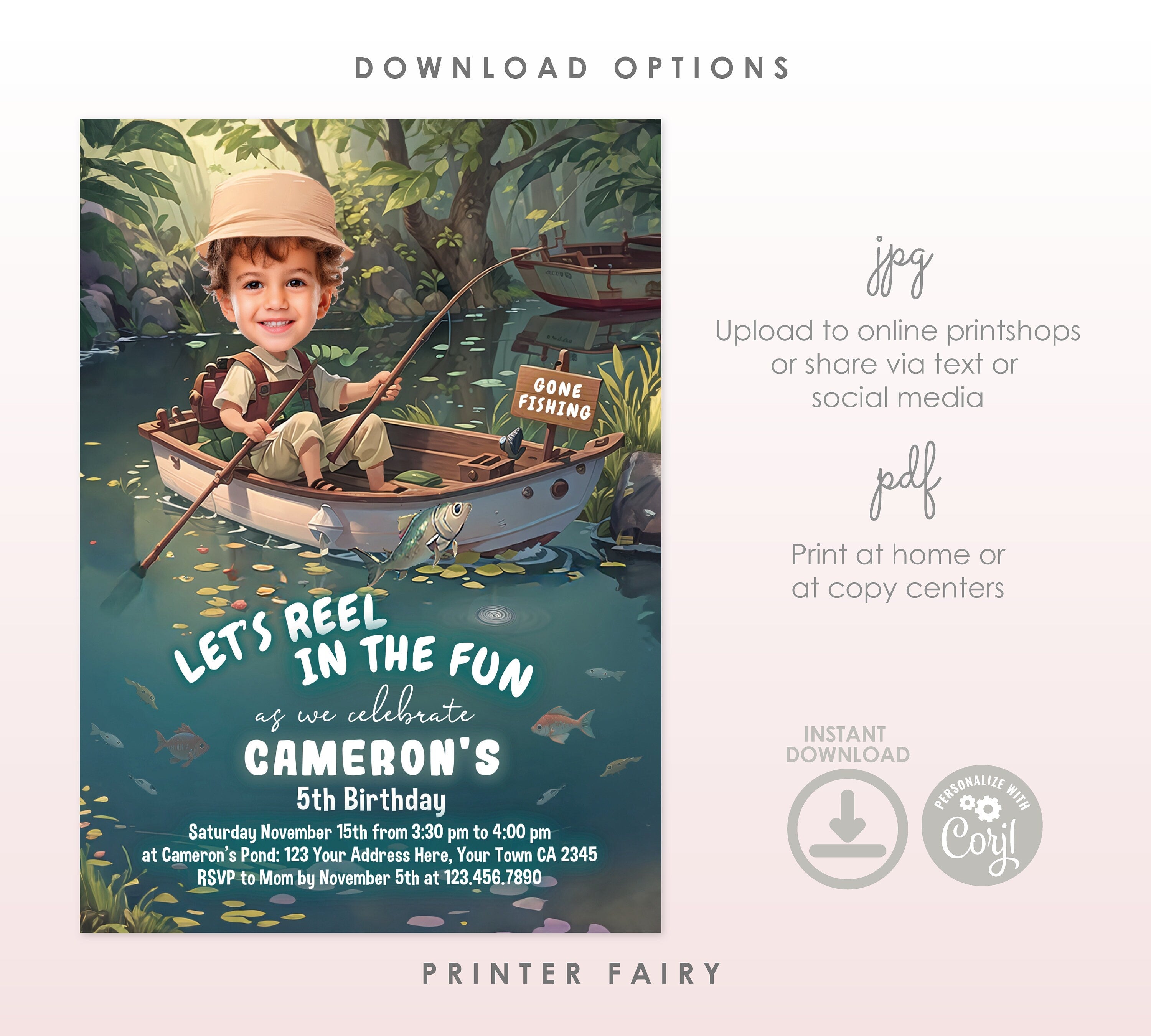 Editable Fishing Birthday Invitation with Photo (Digital Download)