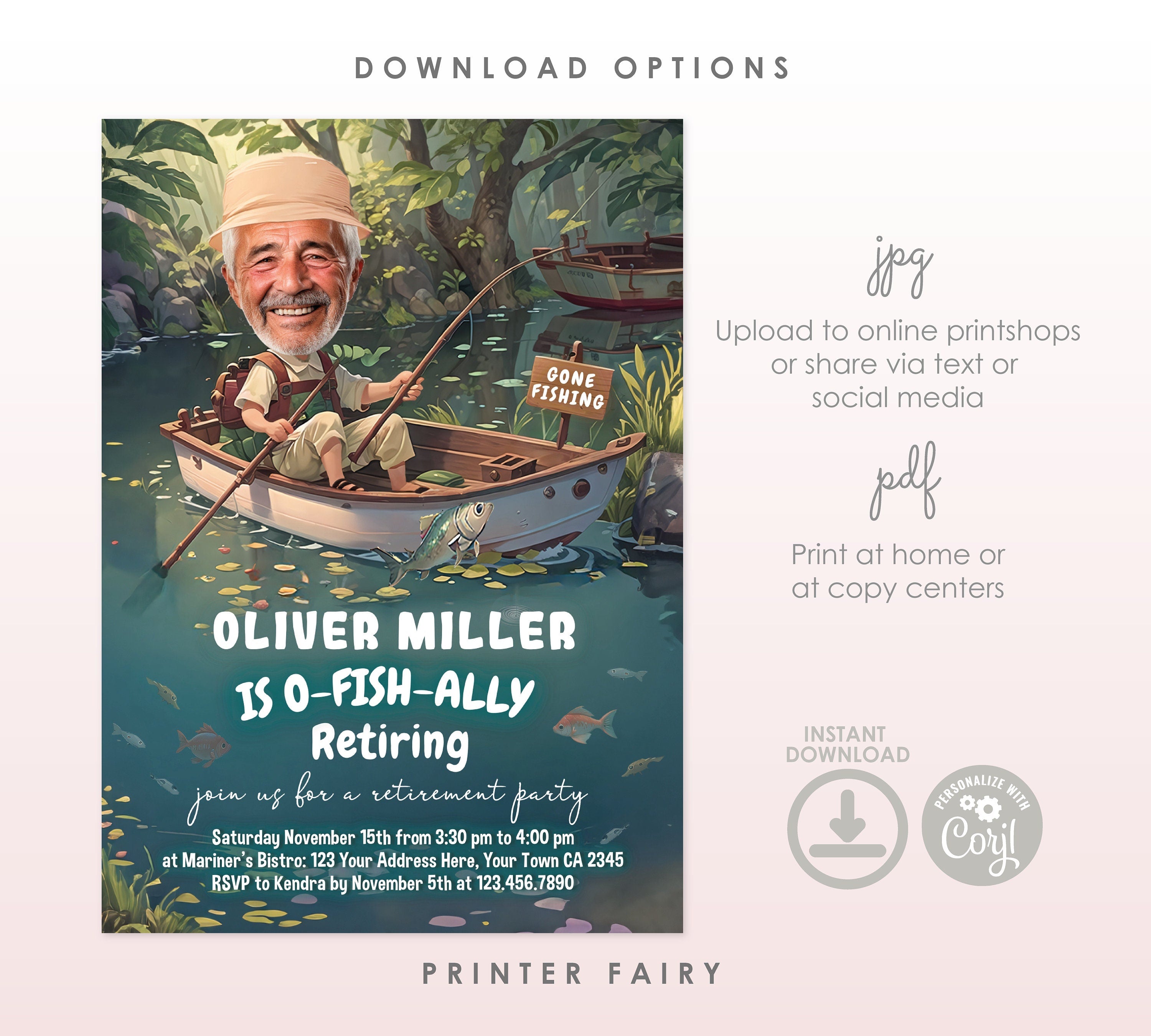 Editable Fishing Retirement Party Invitation, Gone Fishing Theme (Digital Download)