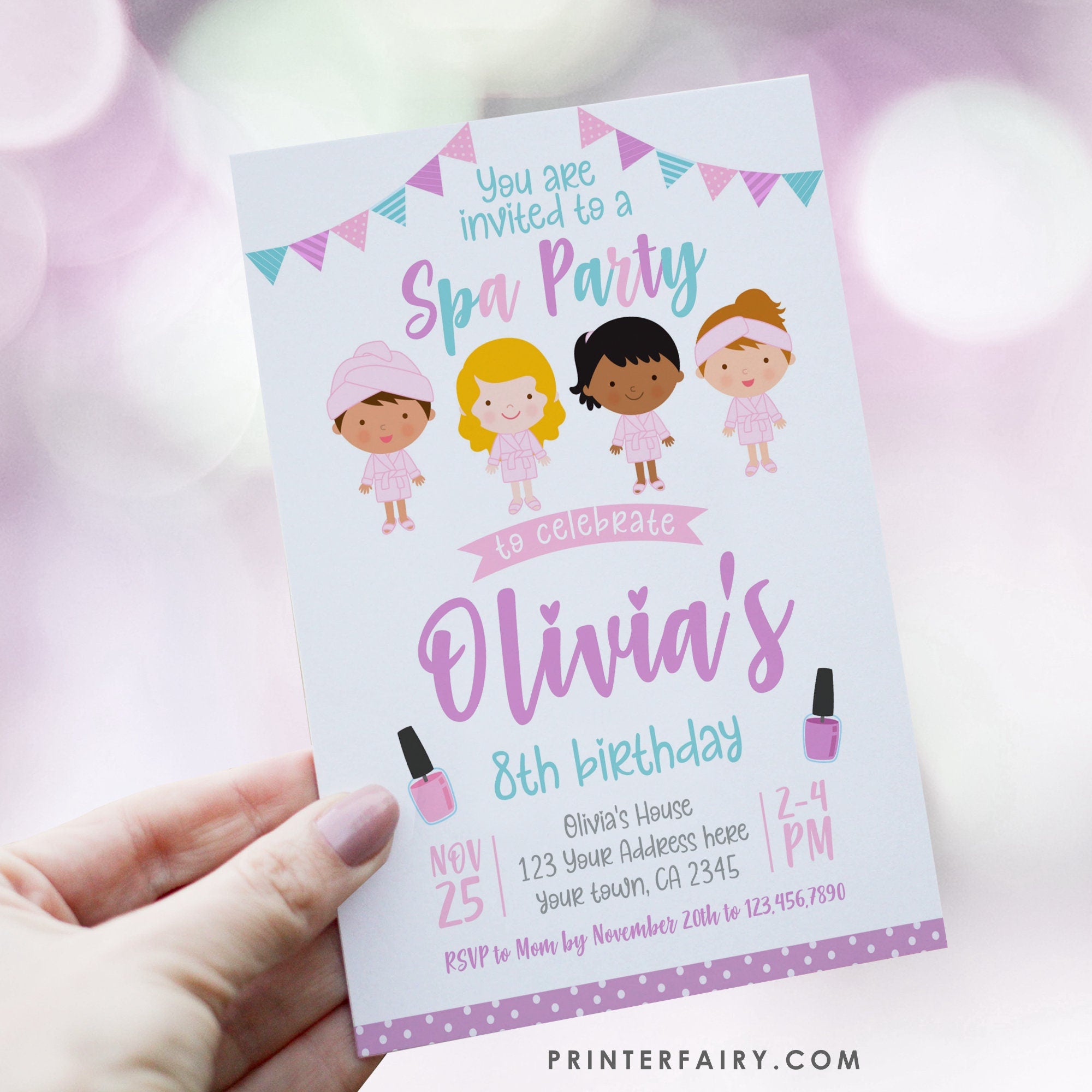 Spa Birthday Party Invitation, Editable Digital Invite (Instant Download)
