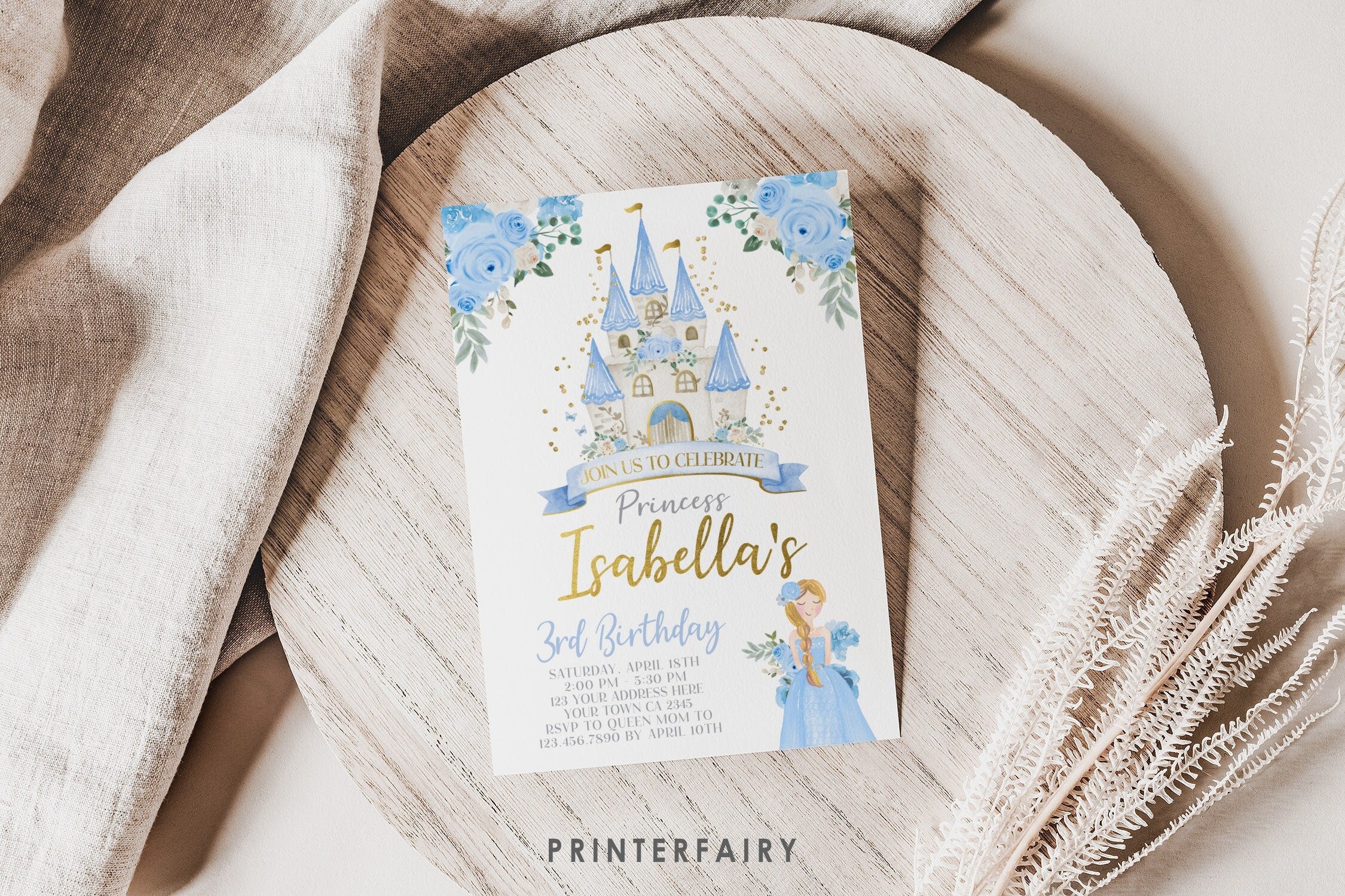 Princess Castle Birthay Party Digital Editable Printable Invitation, Light Blue and Gold, INSTANT DOWNLOAD