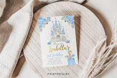 Princess Castle Birthay Party Digital Editable Printable Invitation, Light Blue and Gold, INSTANT DOWNLOAD