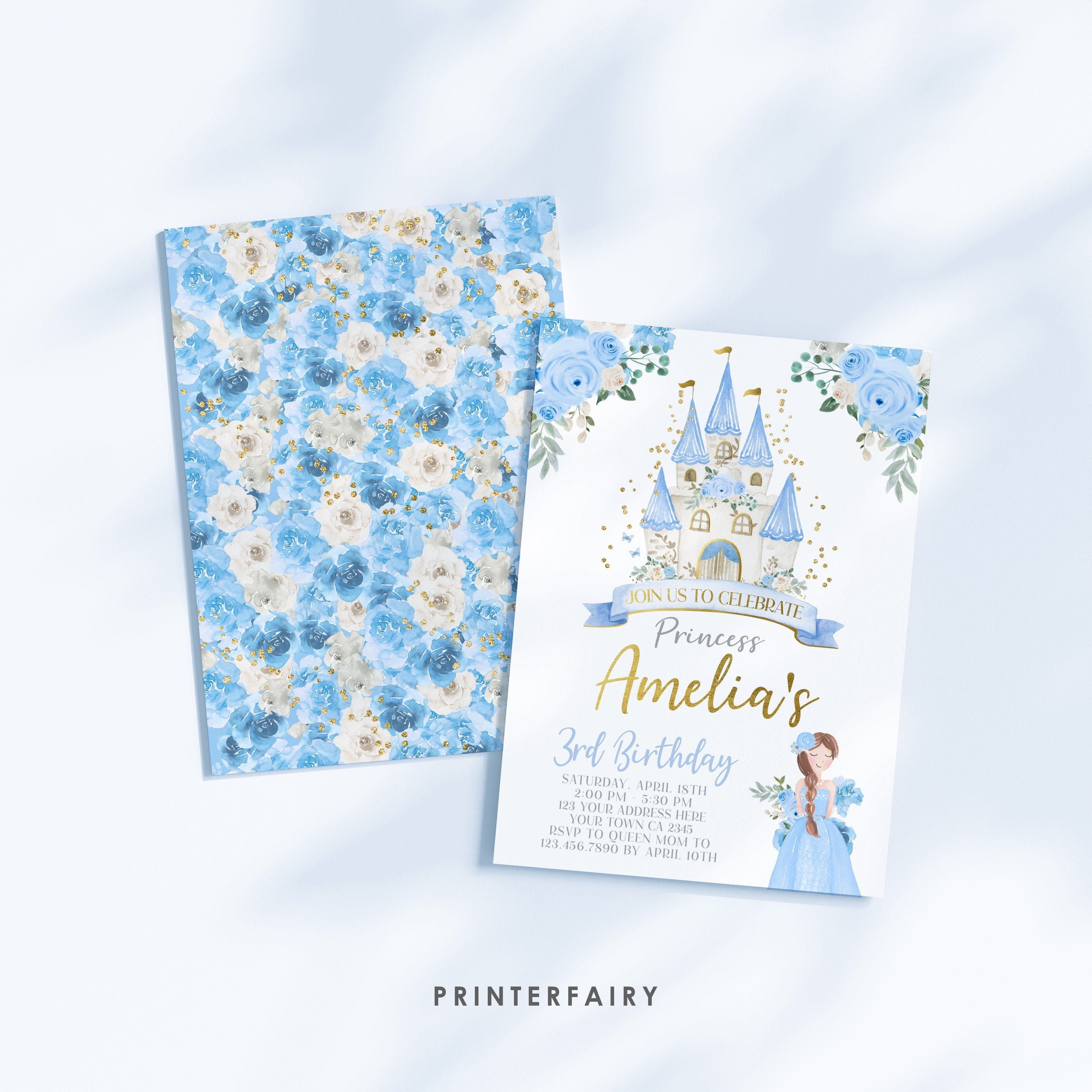 Blue Princess Castle Birthday Invitation, Editable Royal Party (Digital Download)
